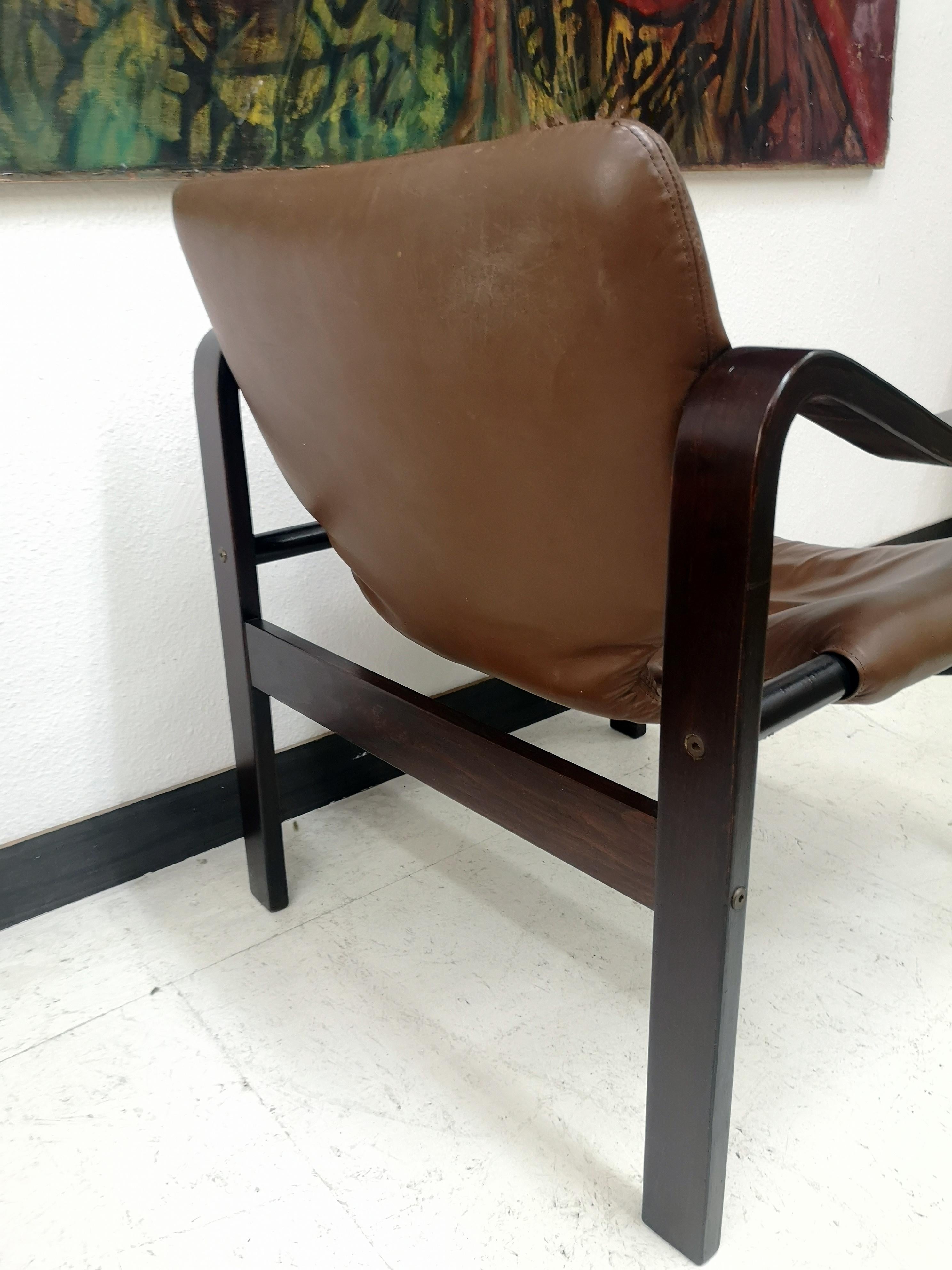 Mid-Century Modern Set of Two Mid-Century Plywood Leather Arm Chairs, 1970s For Sale