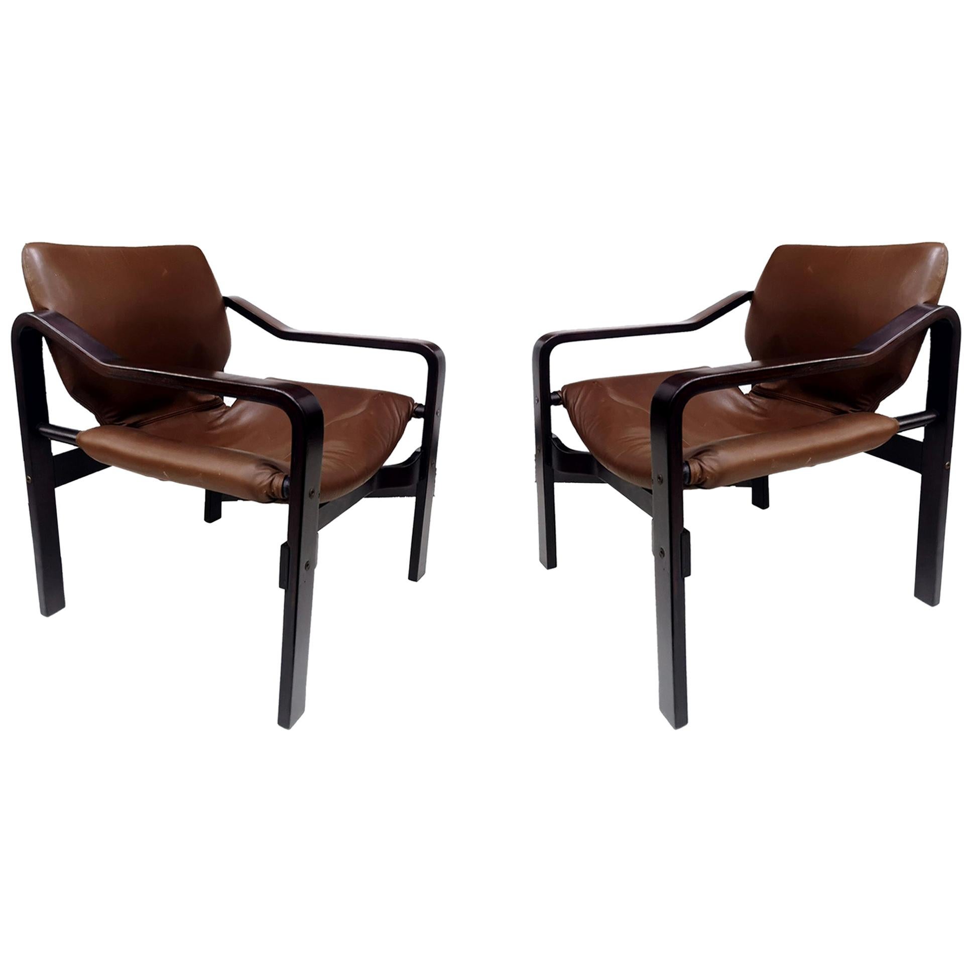 Set of Two Mid-Century Plywood Leather Arm Chairs, 1970s For Sale