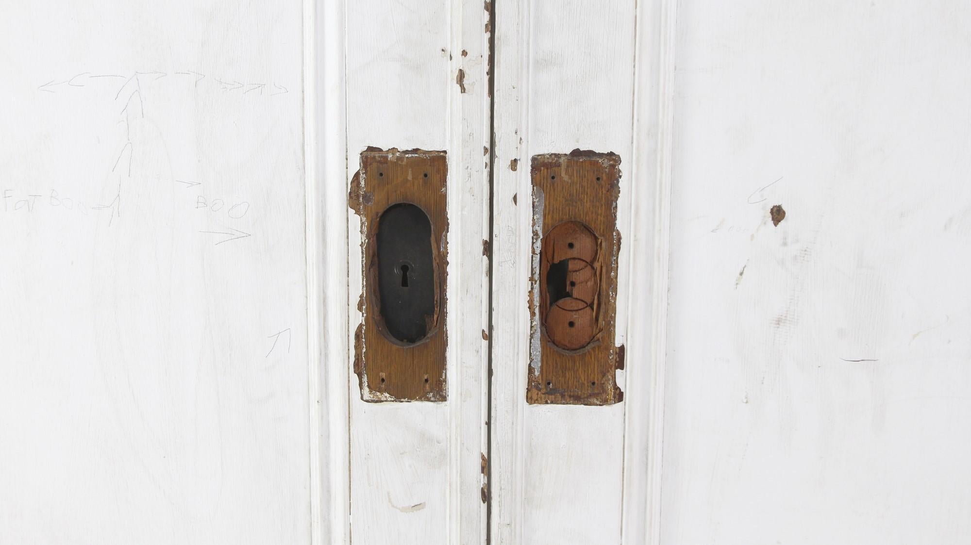 Victorian Set of Pocket Doors w/ Dark Tone Wood & One Side Painted White