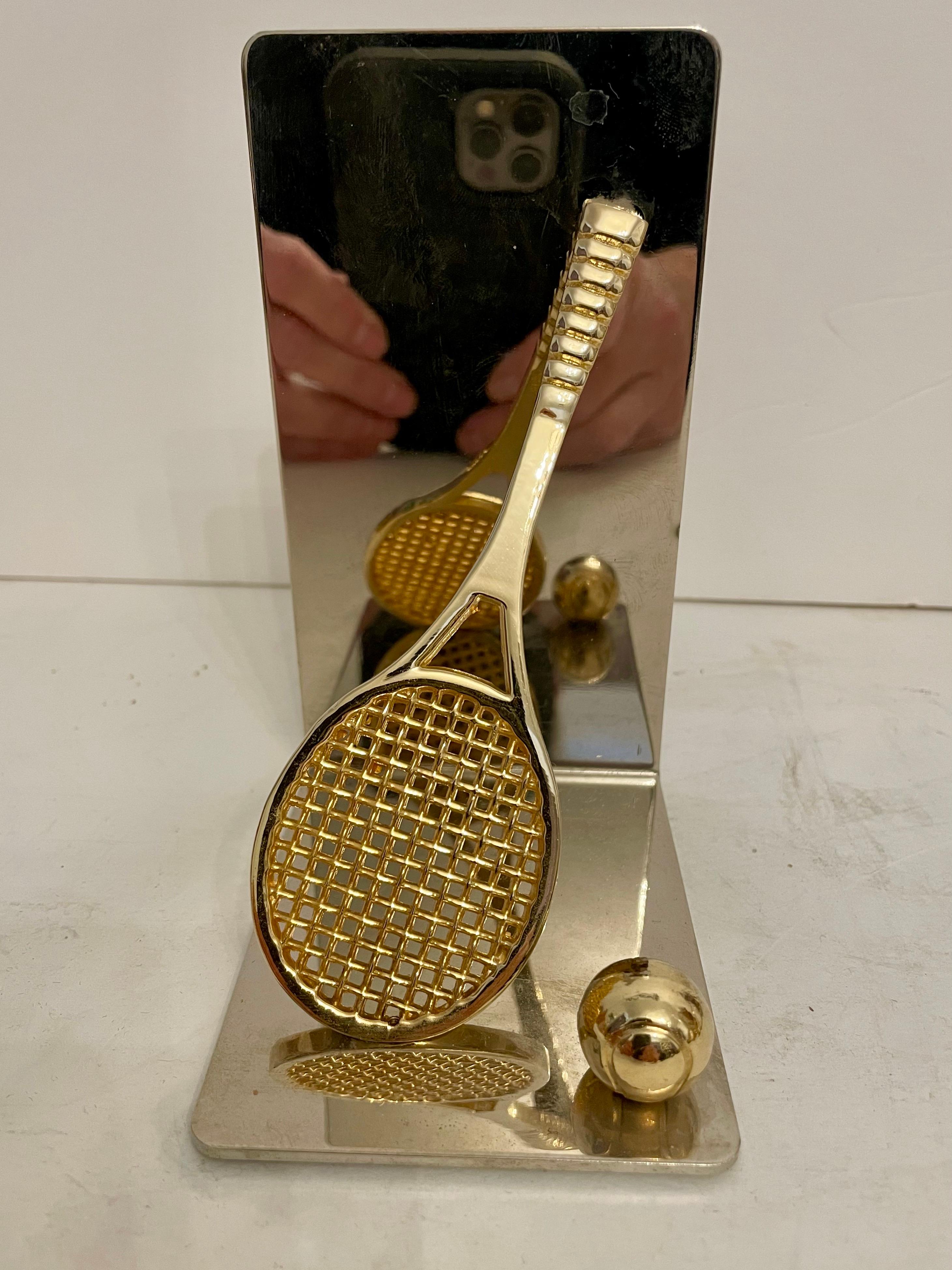 Mid-Century Modern Set of Polished Brass and Chrome Tennis Racket Bookends For Sale