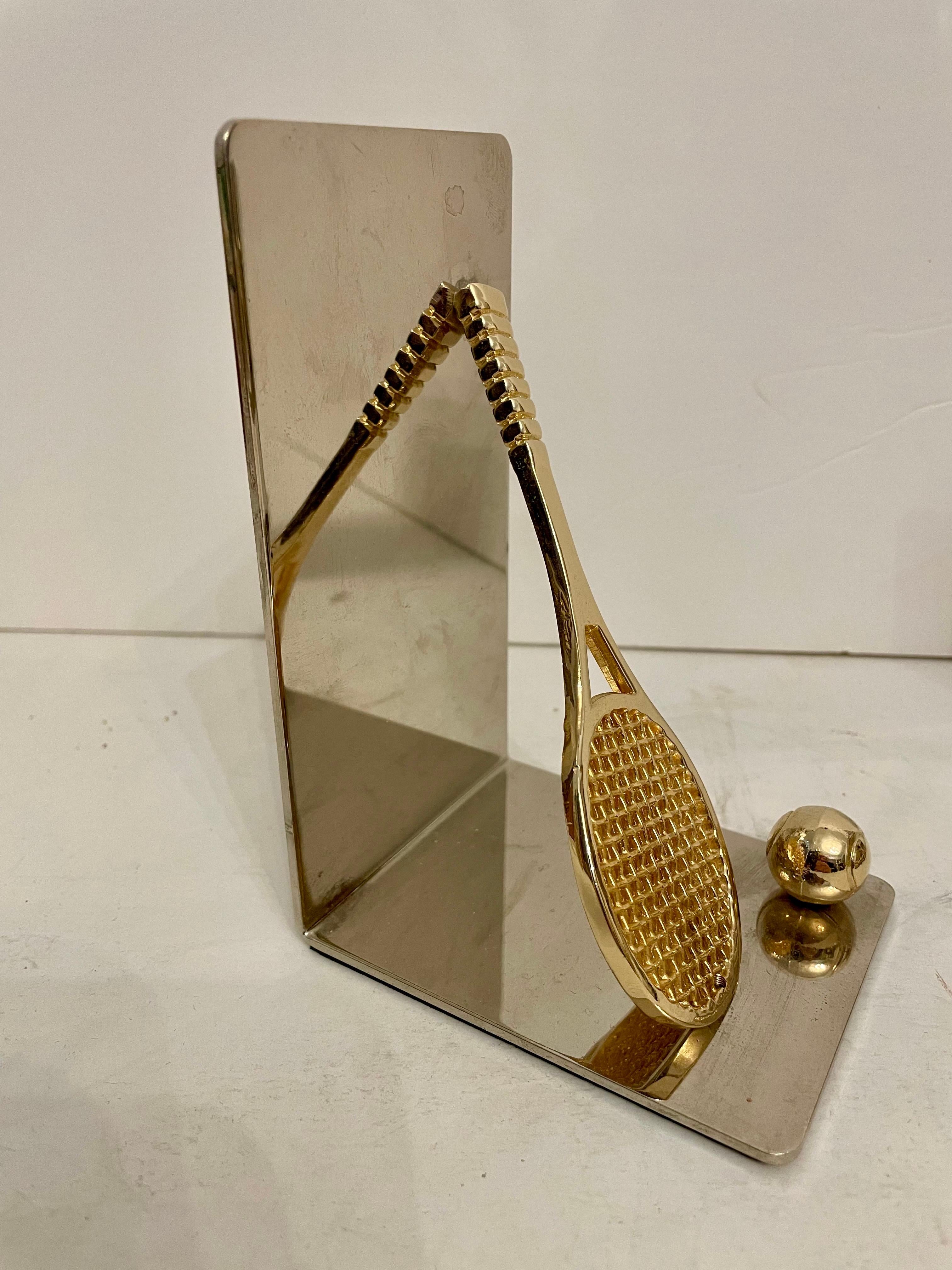 Set of Polished Brass and Chrome Tennis Racket Bookends In Good Condition For Sale In New York, NY