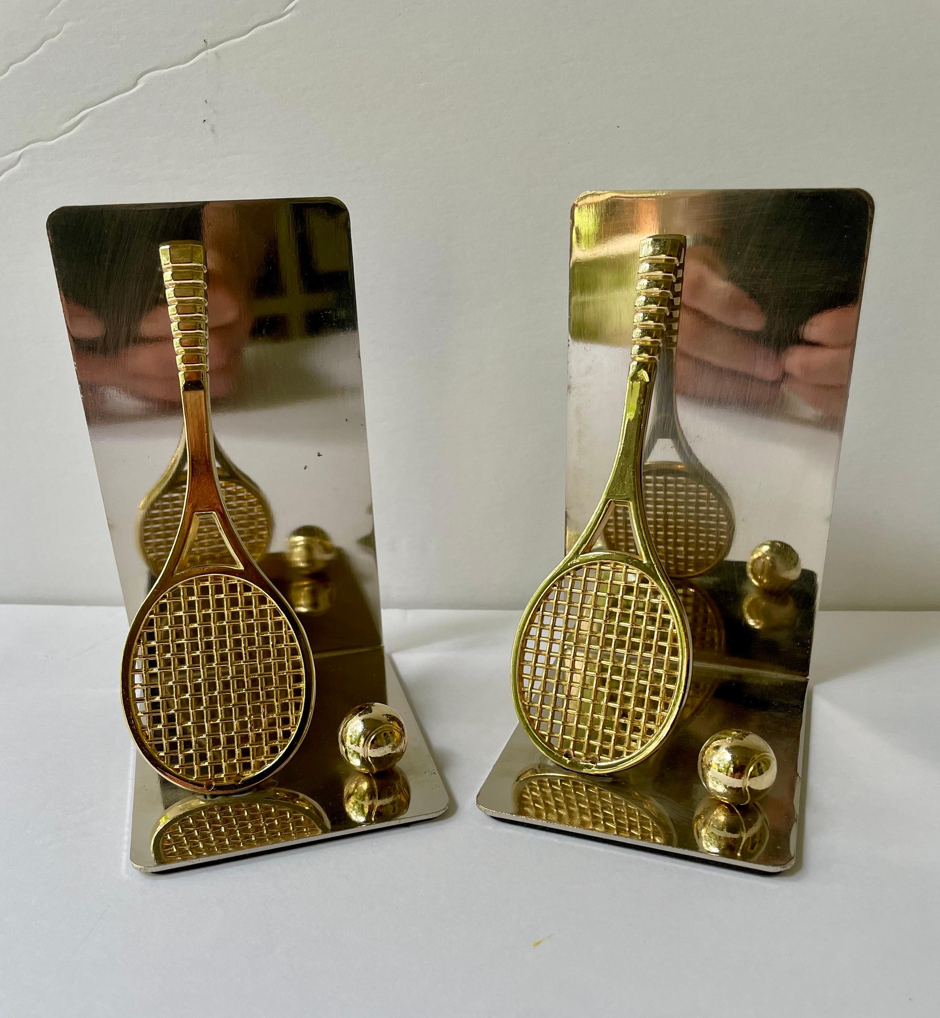 Set of Polished Brass and Chrome Tennis Racket Bookends In Good Condition For Sale In New York, NY
