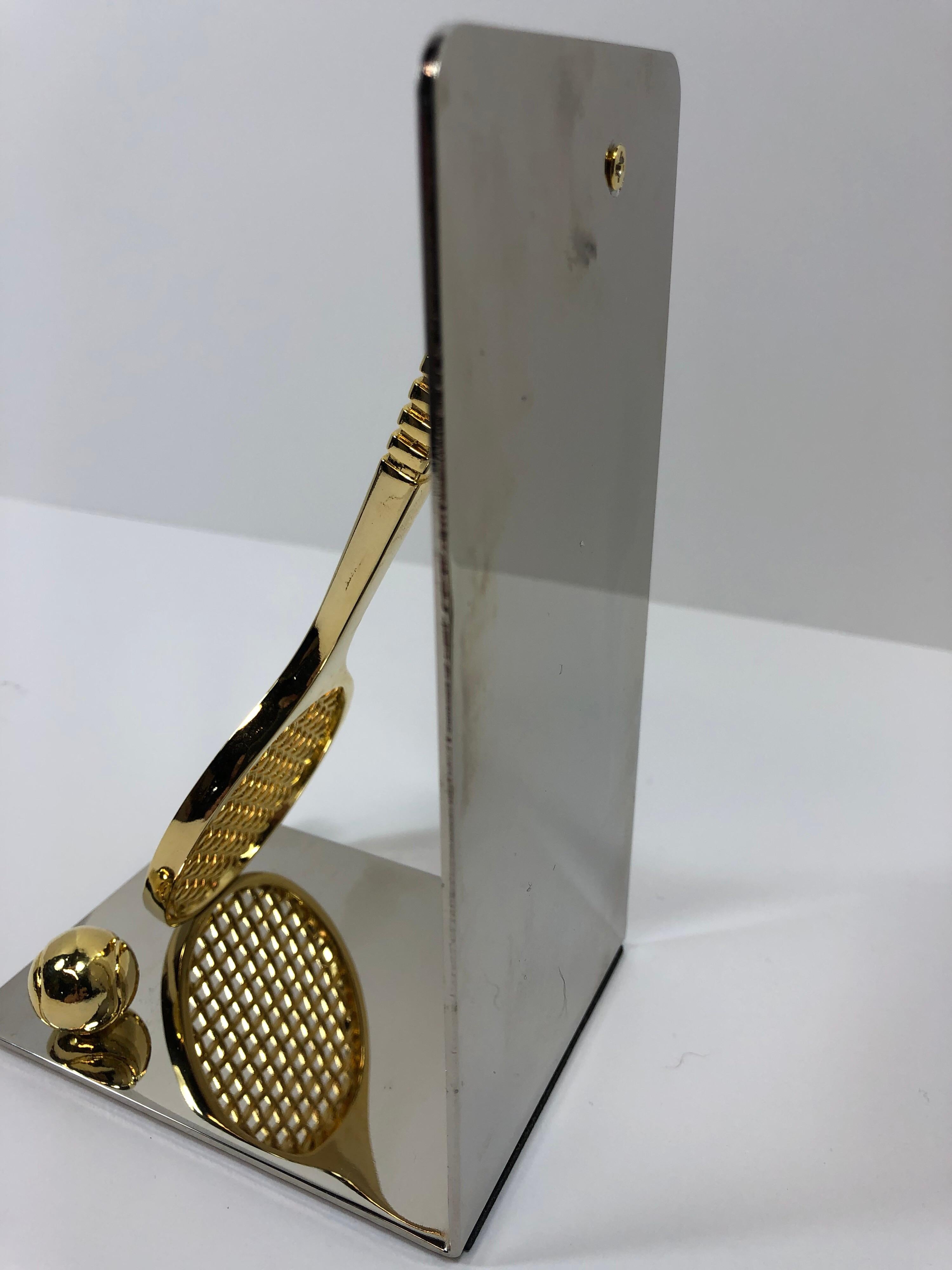 Set of Polished Brass and Chrome Tennis Racket Bookends In Good Condition In New York, NY