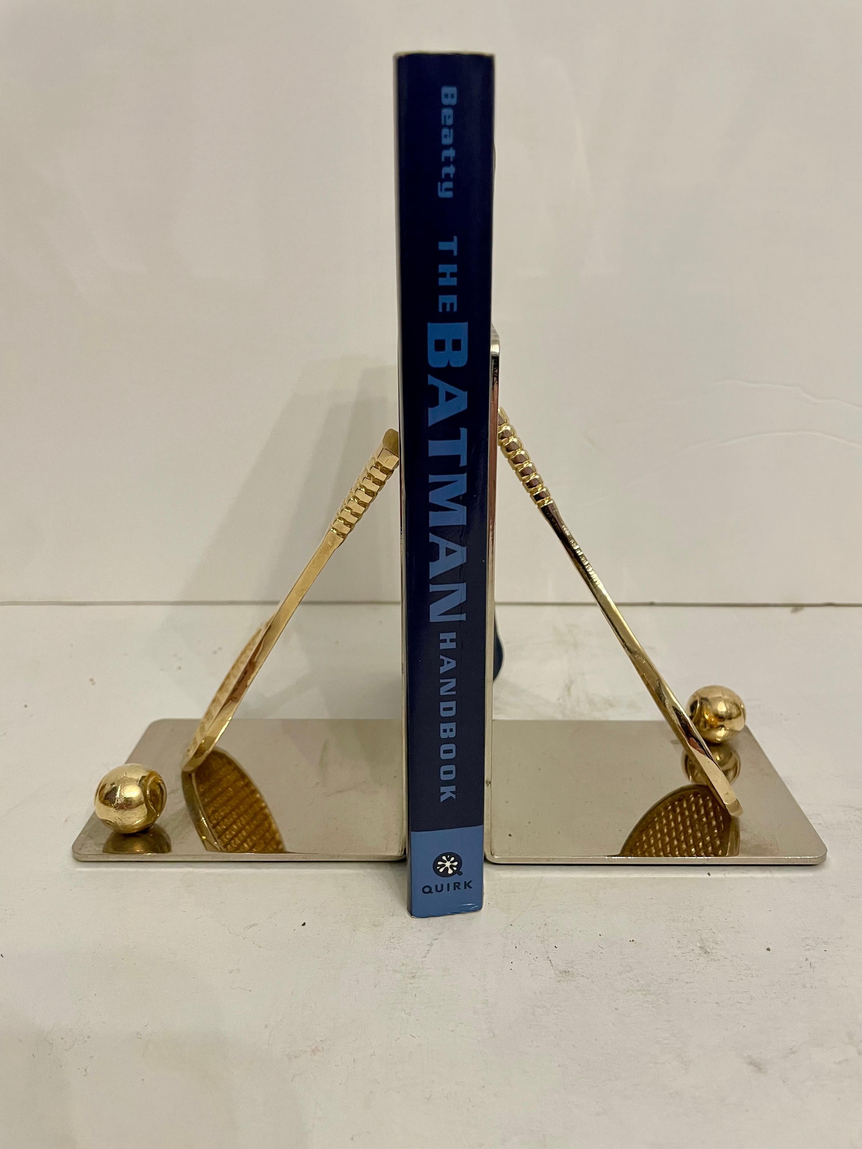 Late 20th Century Set of Polished Brass and Chrome Tennis Racket Bookends For Sale