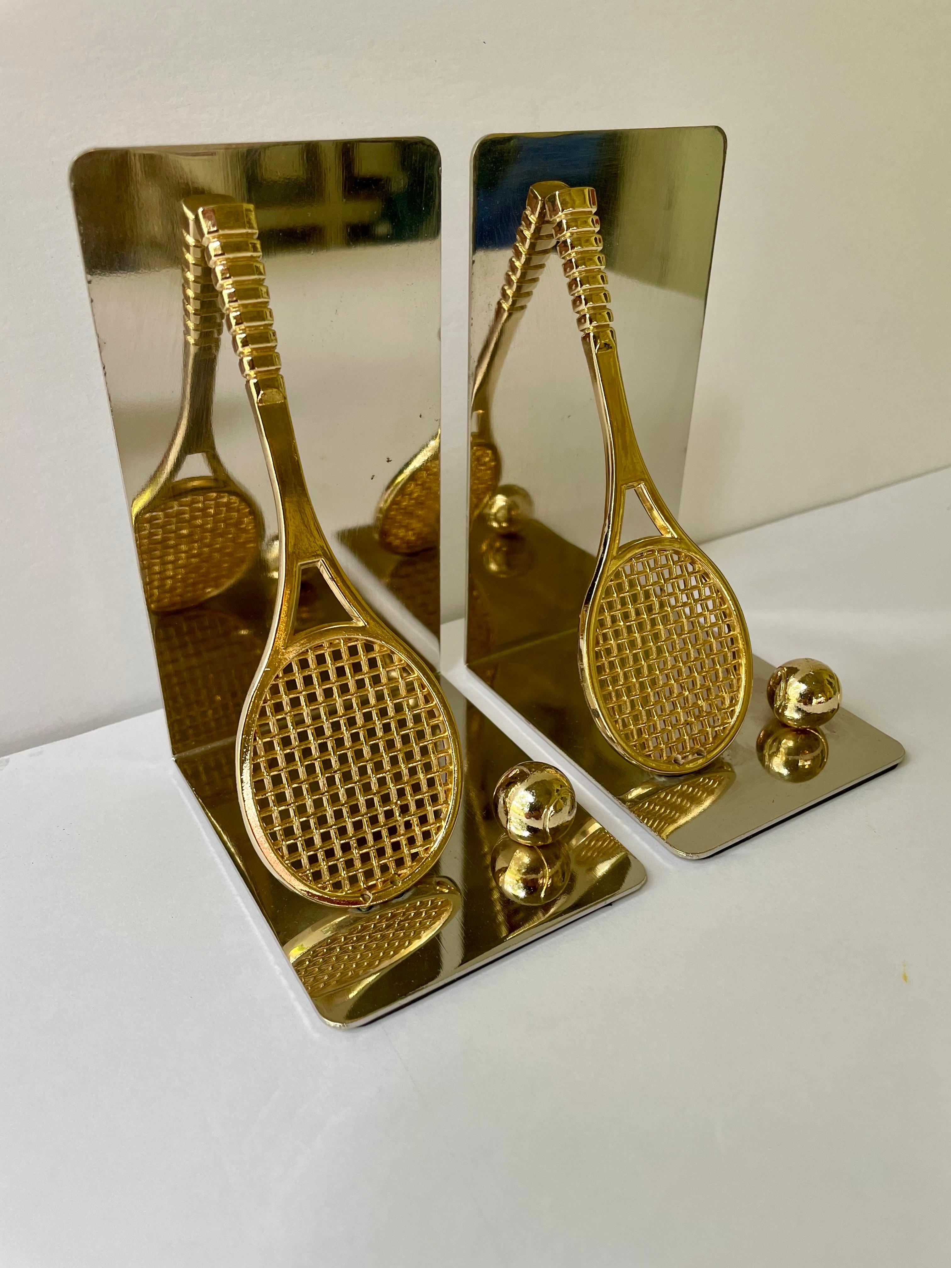 Late 20th Century Set of Polished Brass and Chrome Tennis Racket Bookends For Sale
