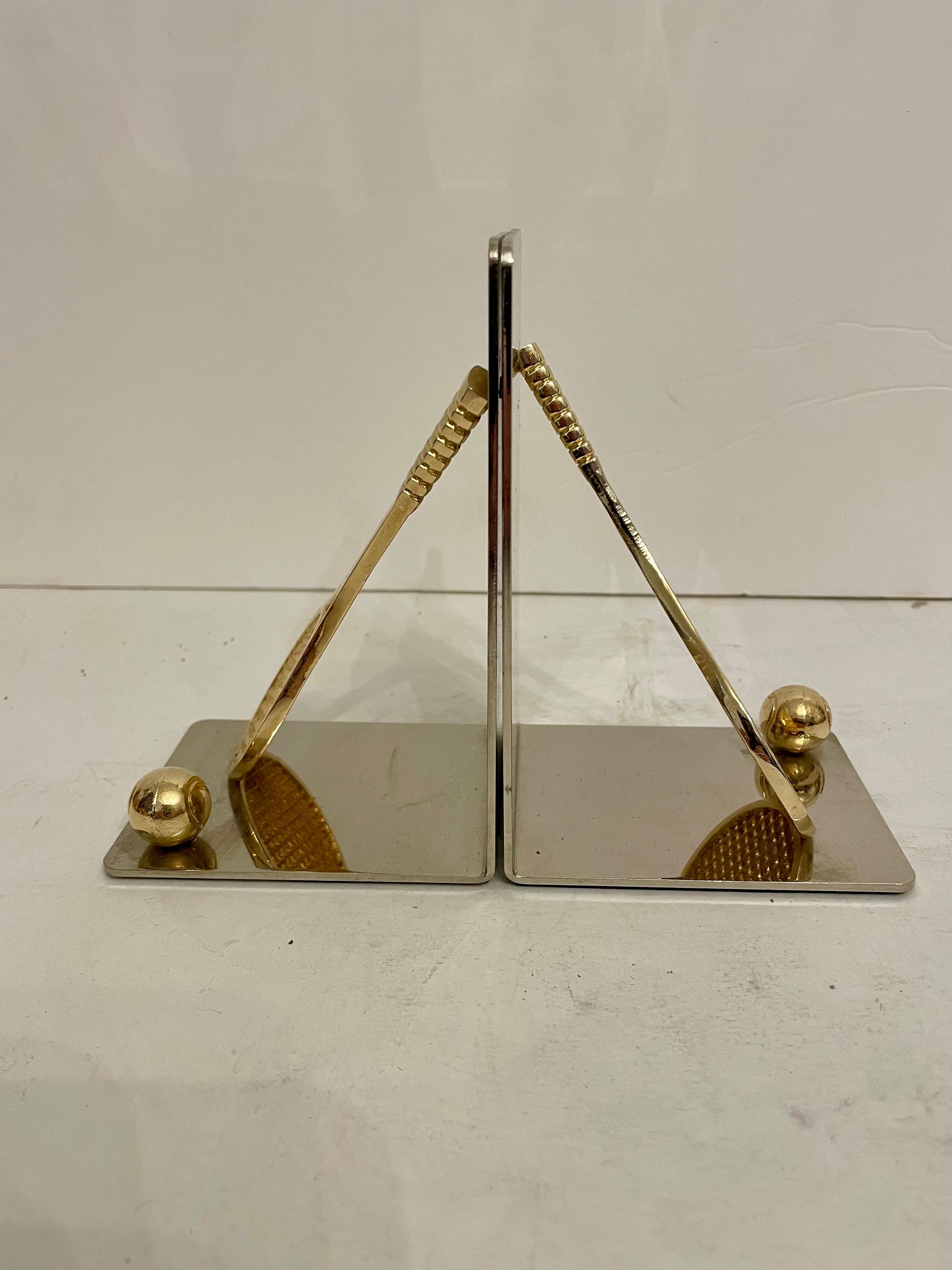 Set of Polished Brass and Chrome Tennis Racket Bookends For Sale 1