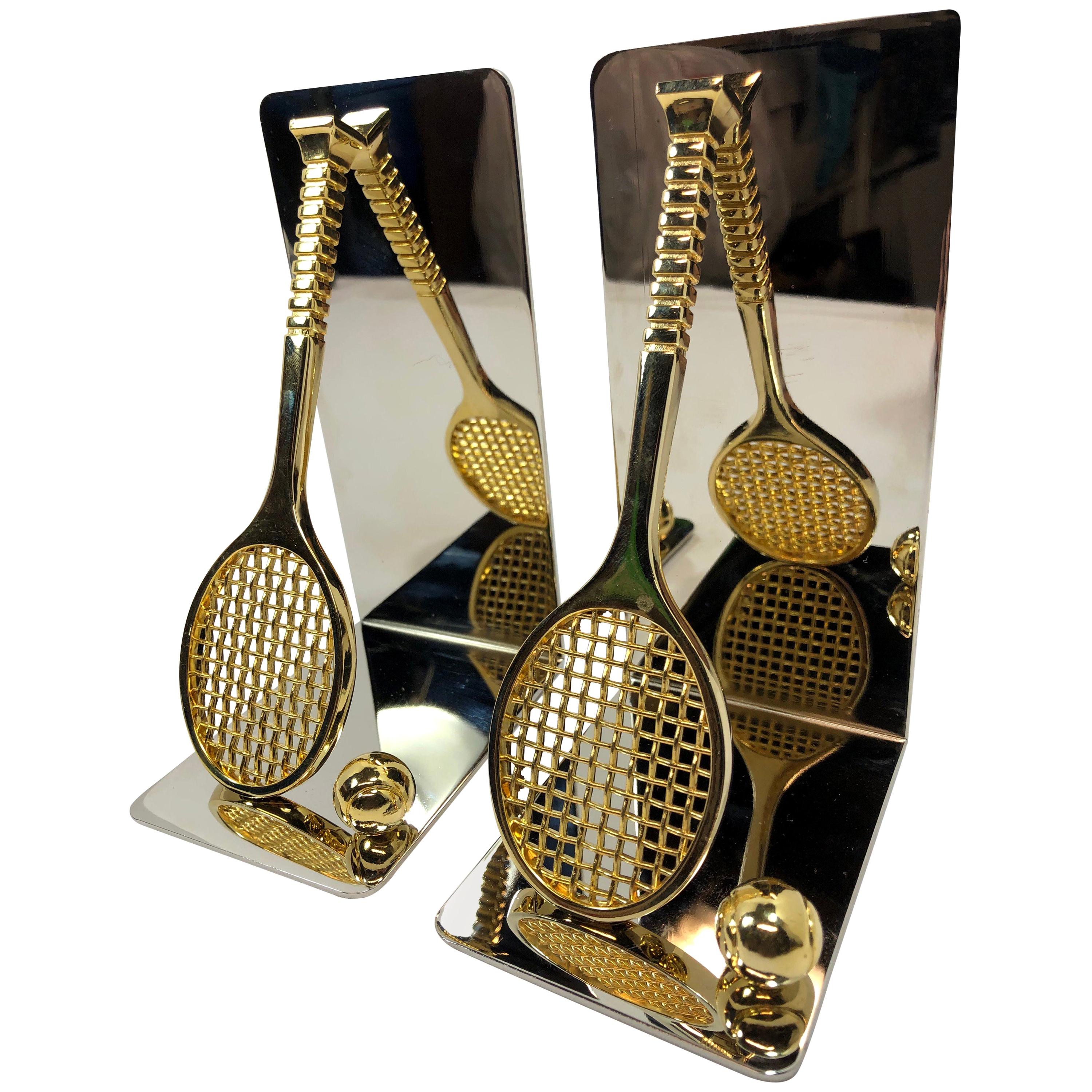 Set of Polished Brass and Chrome Tennis Racket Bookends