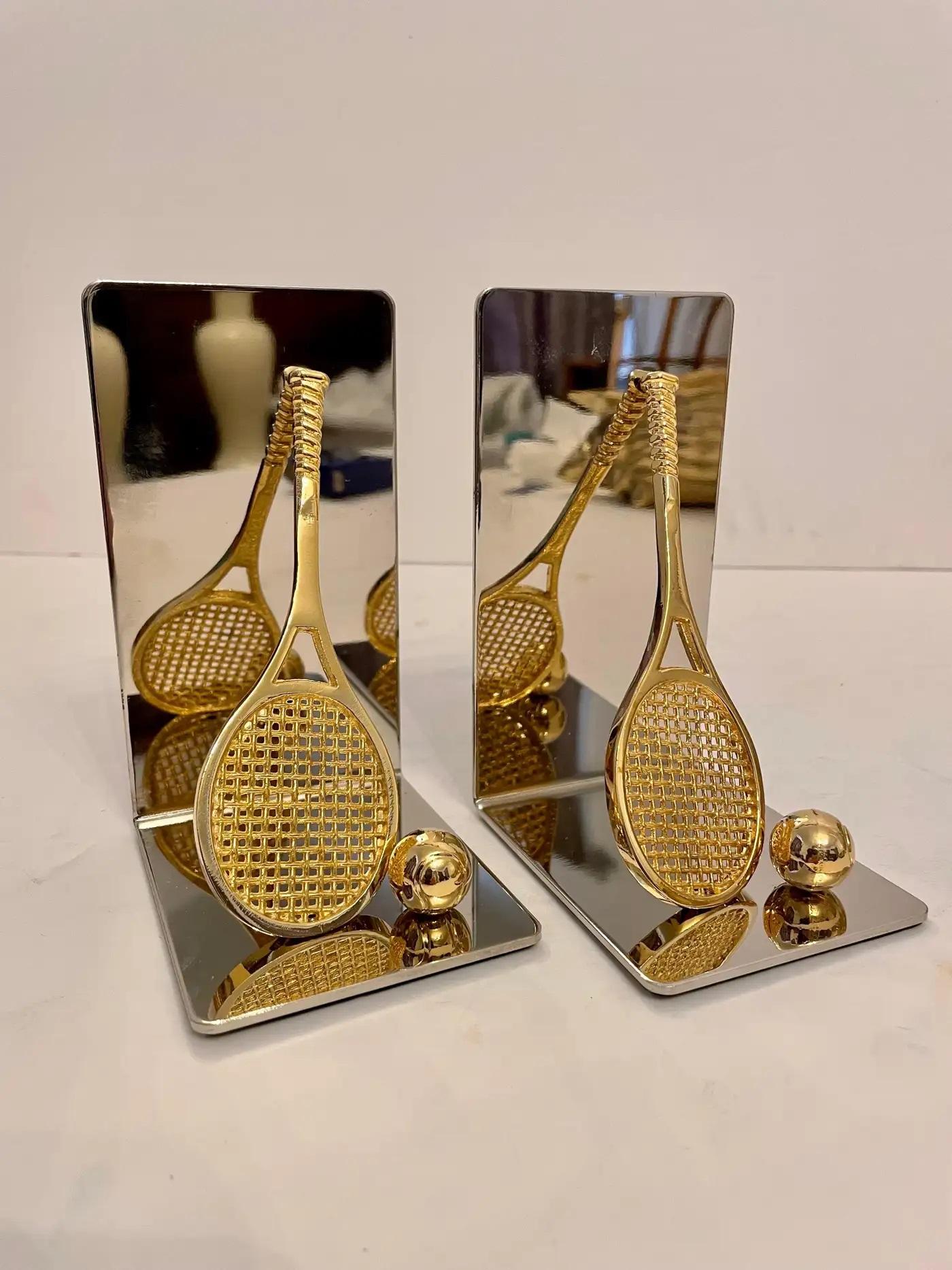 Set of Polished Brass and Chrome Tennis Racket Bookends QUICK SHIP In Good Condition For Sale In New York, NY