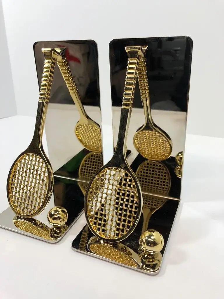 Set of Polished Brass and Chrome Tennis Racket Bookends QUICK SHIP For Sale 4