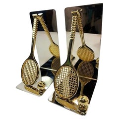 Set of Polished Brass and Chrome Tennis Racket Bookends QUICK SHIP