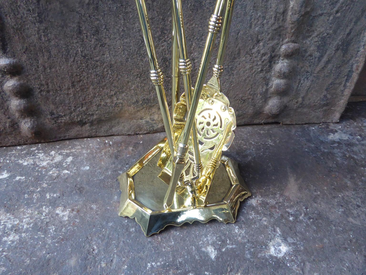 Set of Polished Brass Fireplace Tools, Victorian Companion Set, 19th Century 2