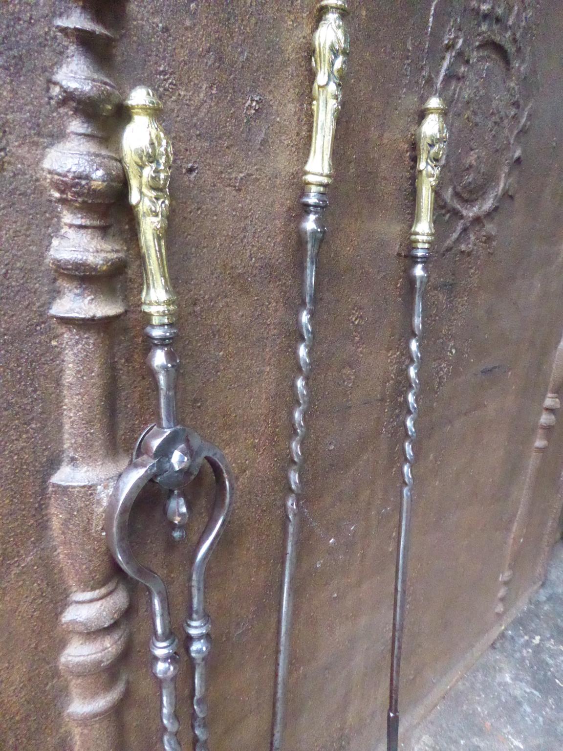 British Set of Polished Steel Fireplace Tools, Victorian Companion Set, 19th Century For Sale