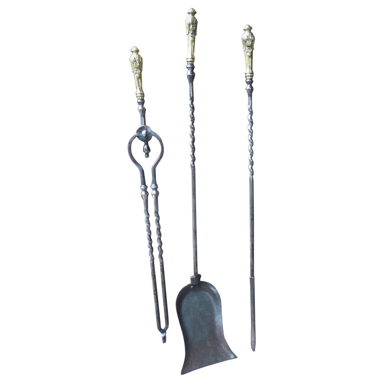 Set of Polished Steel Fireplace Tools, Victorian Companion Set, 19th Century For Sale