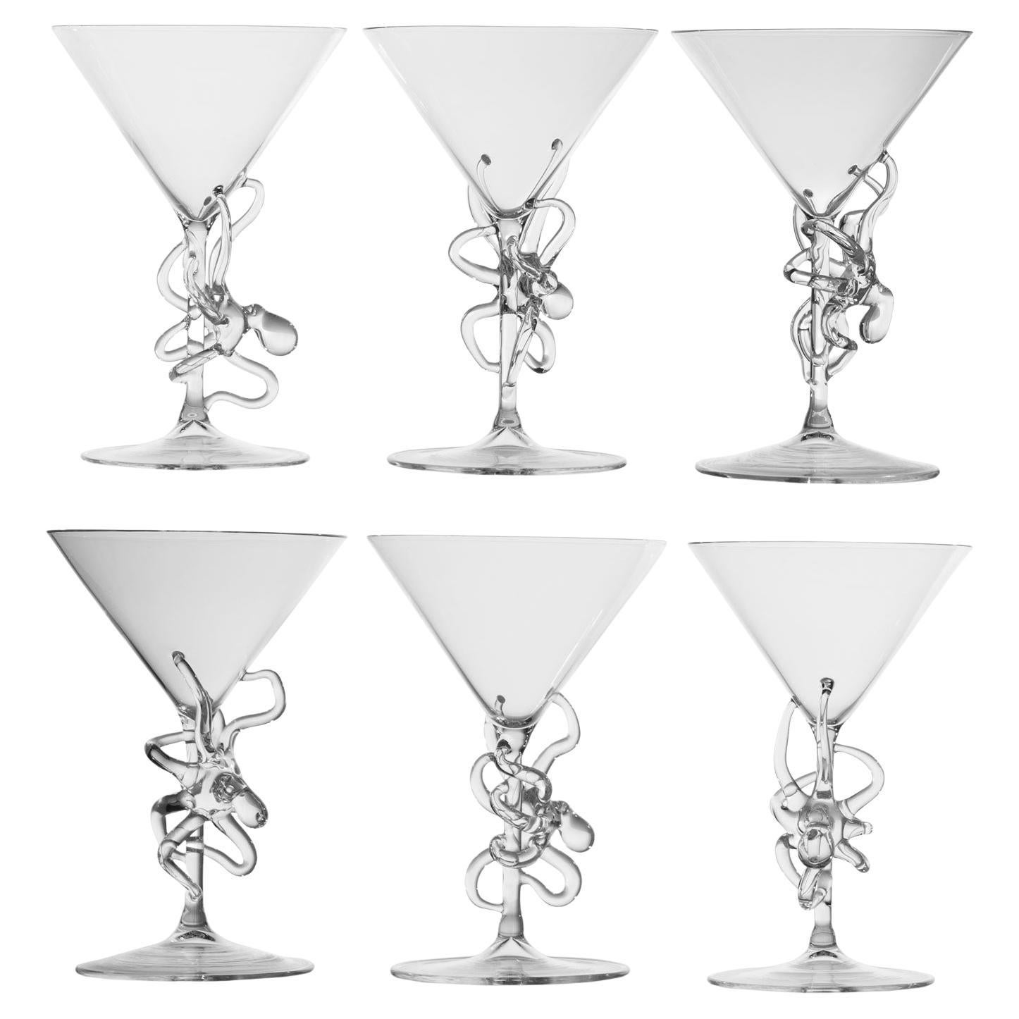 Set of 6 Bimini Glass Art Deco Martini Glasses with Cocktail Spears at