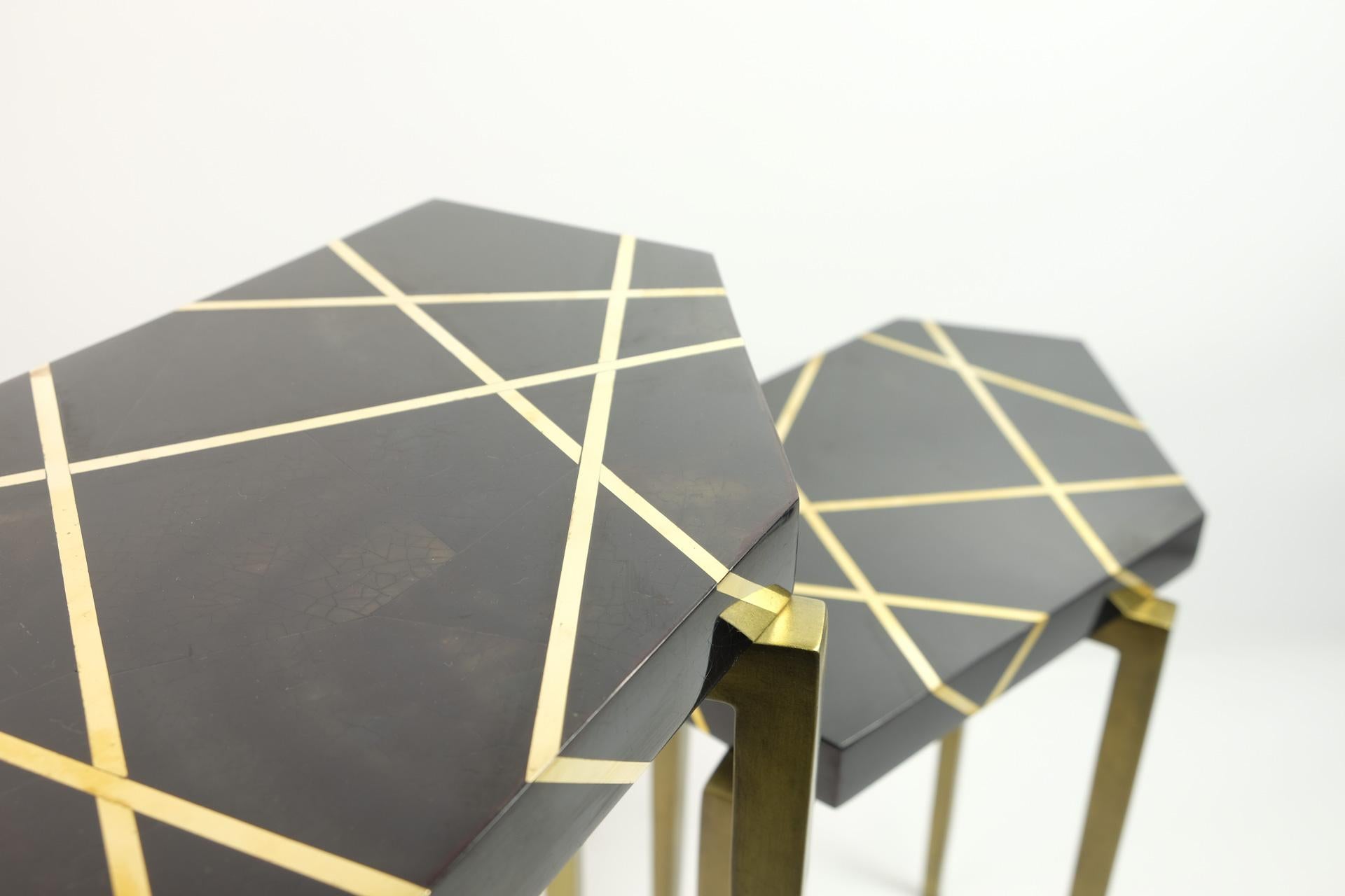 Contemporary Set of Polygonal Side Tables in Black Marquetry and Brass by Ginger Brown