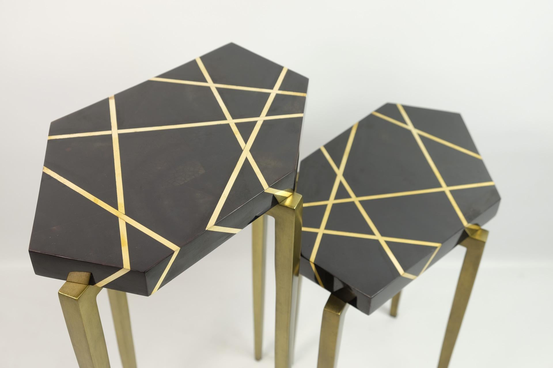 Wood Set of Polygonal Side Tables in Black Marquetry and Brass by Ginger Brown