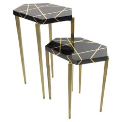 Set of Polygonal Side Tables in Black Marquetry and Brass by Ginger Brown