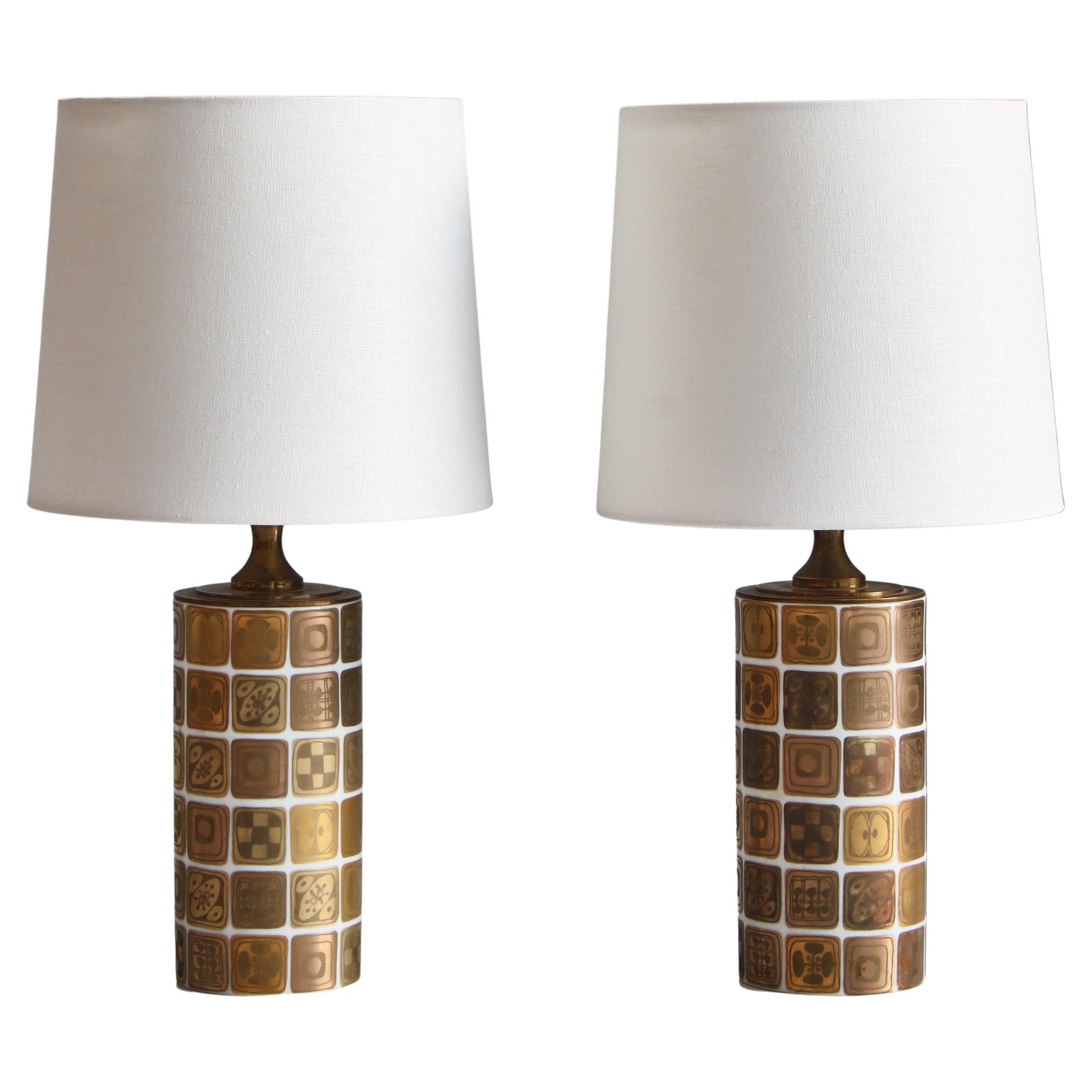 Set of Porcelain Table Lamps in Gold Decor by Bjørn Wiinblad for Rosenthal, 1961 For Sale