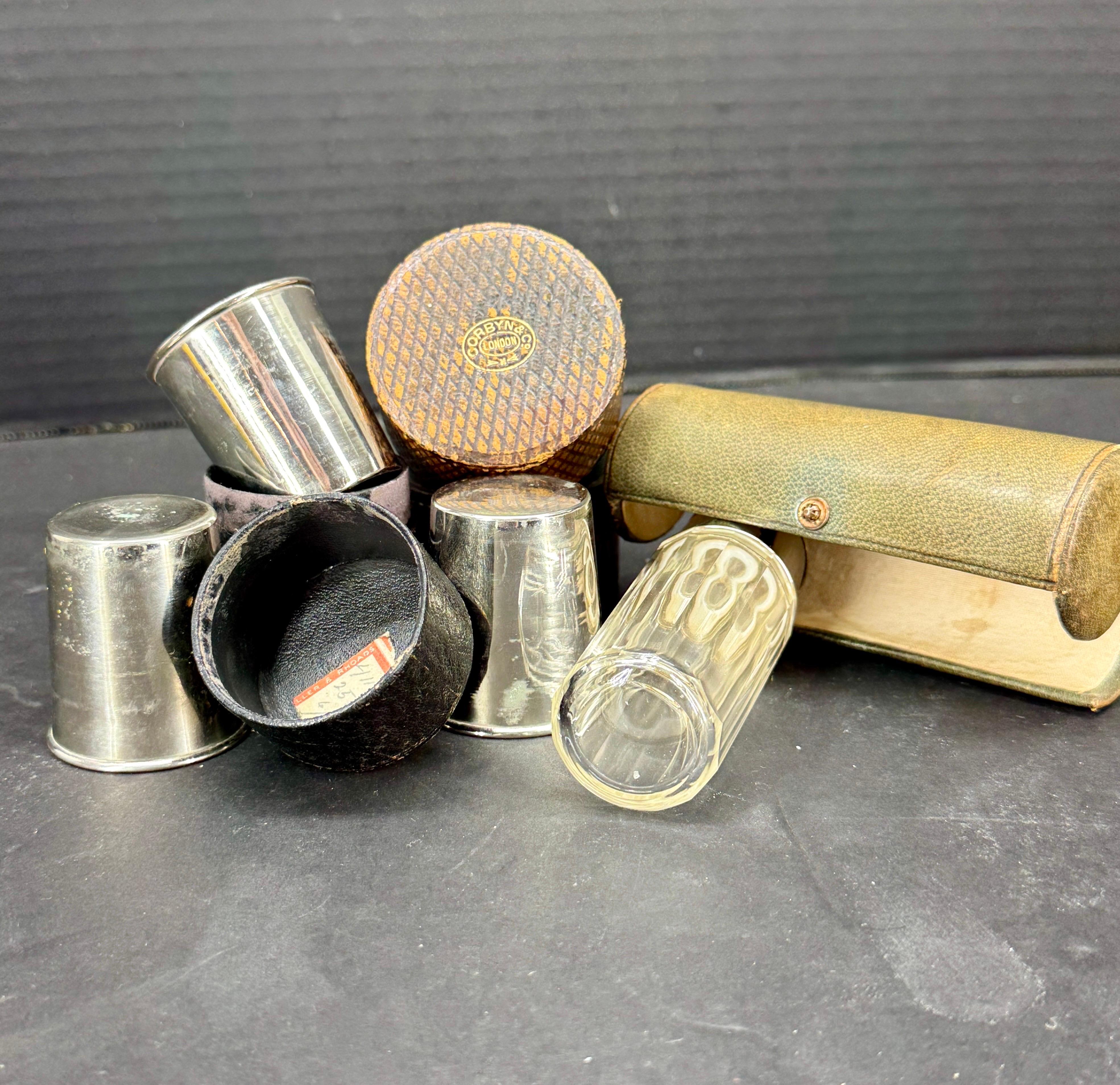 Hand-Crafted Set of Portable Hunting Whiskey Shot Glasses and Flask Collection For Sale