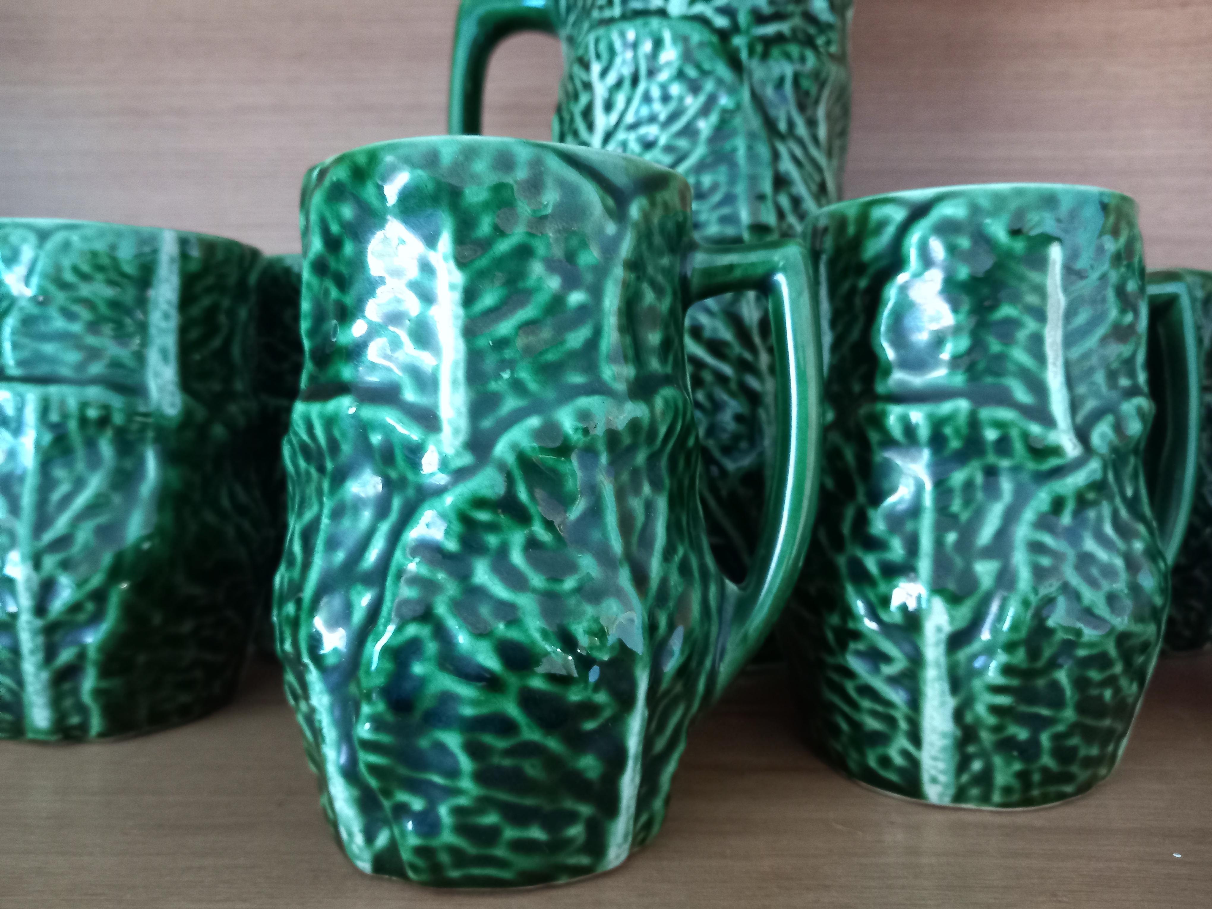 Set Majolica Ceramic Jug and 6 Mug Cups Shape of Cabbage(Price is for the set) For Sale 4