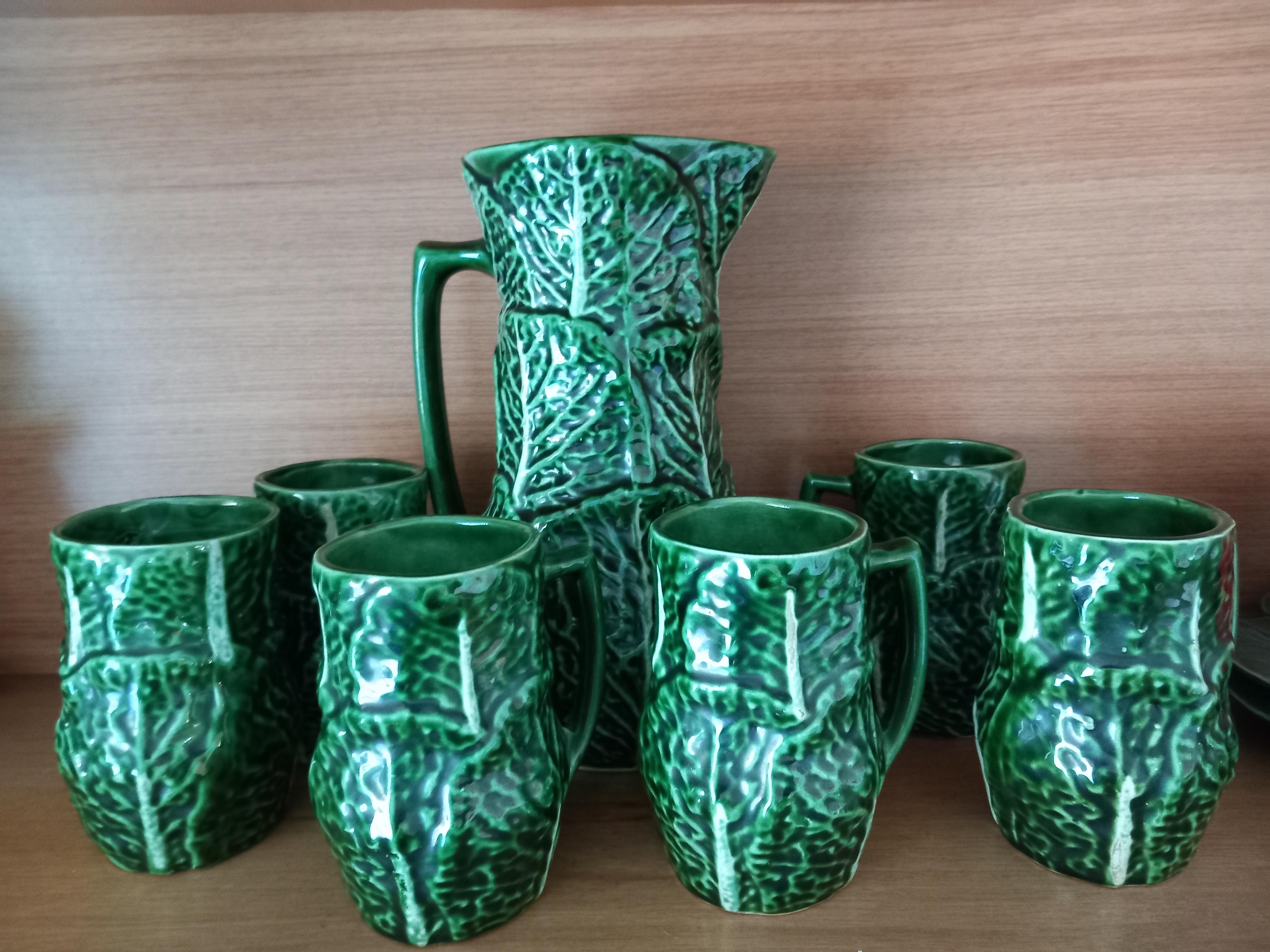 Set Majolica Ceramic Jug and 6 Mug Cups Shape of Cabbage(Price is for the set) For Sale 5