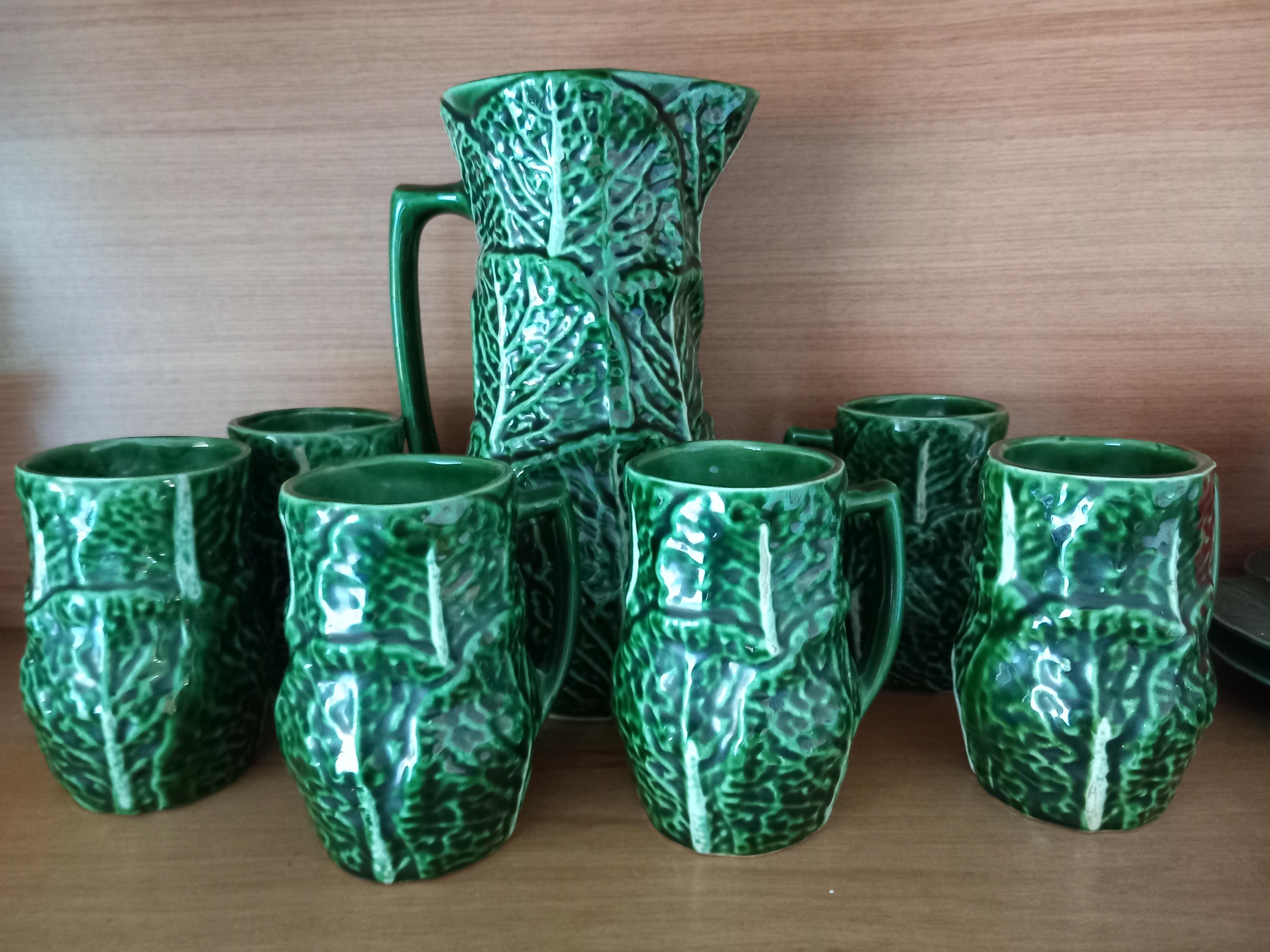 Set Majolica Ceramic Jug and 6 Mug Cups Shape of Cabbage(Price is for the set) For Sale 6