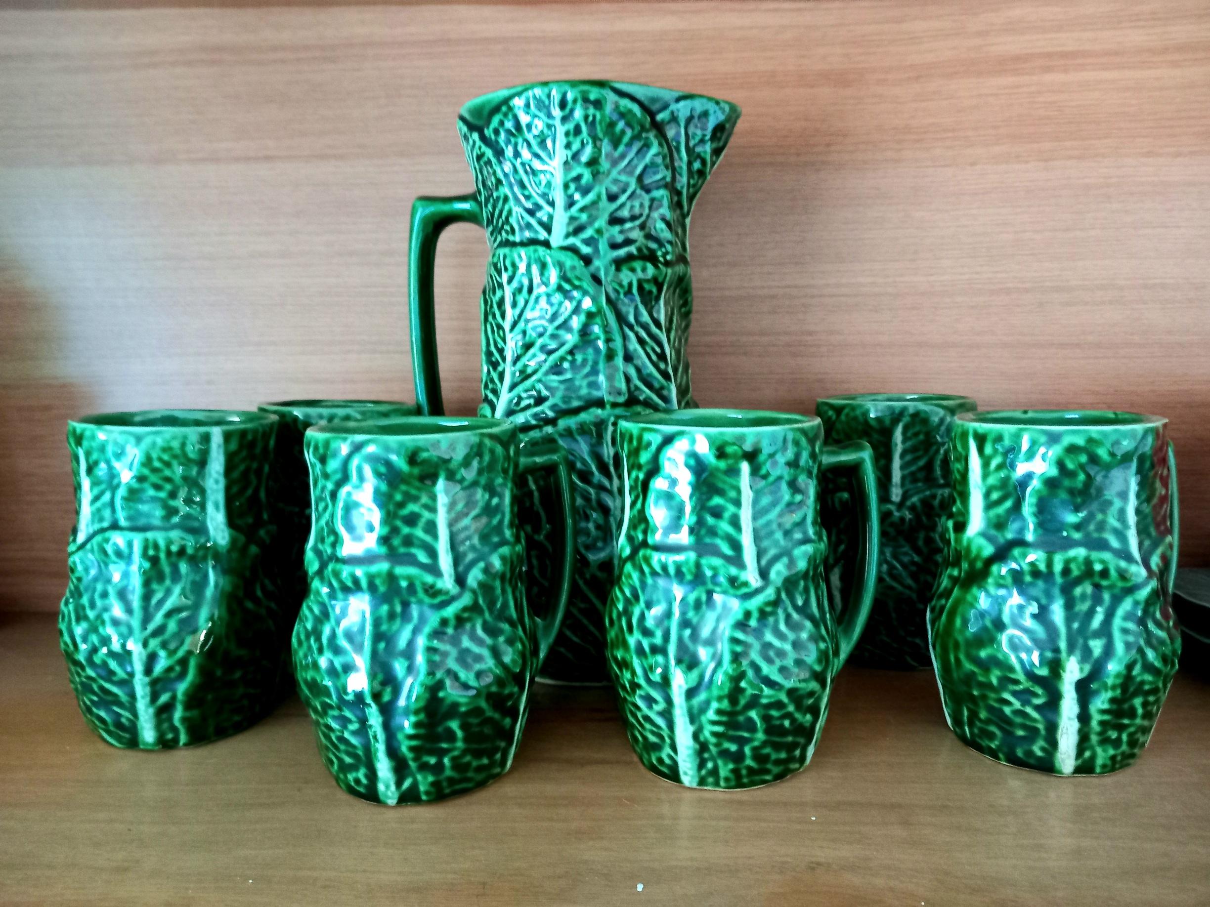 Set Majolica Ceramic Jug and 6 Mug Cups Shape of Cabbage(Price is for the set) For Sale 7