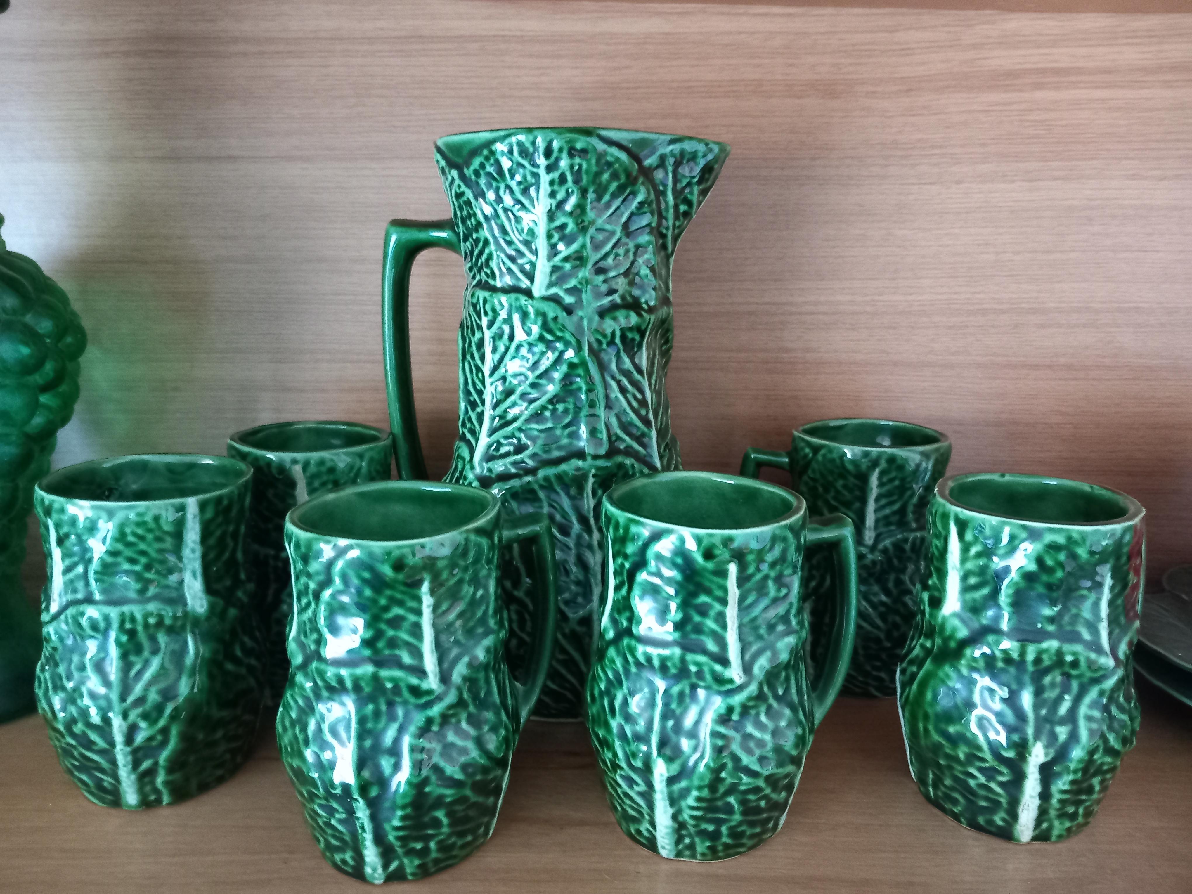 Set Majolica Ceramic Jug and 6 Mug Cups Shape of Cabbage(Price is for the set) For Sale 8