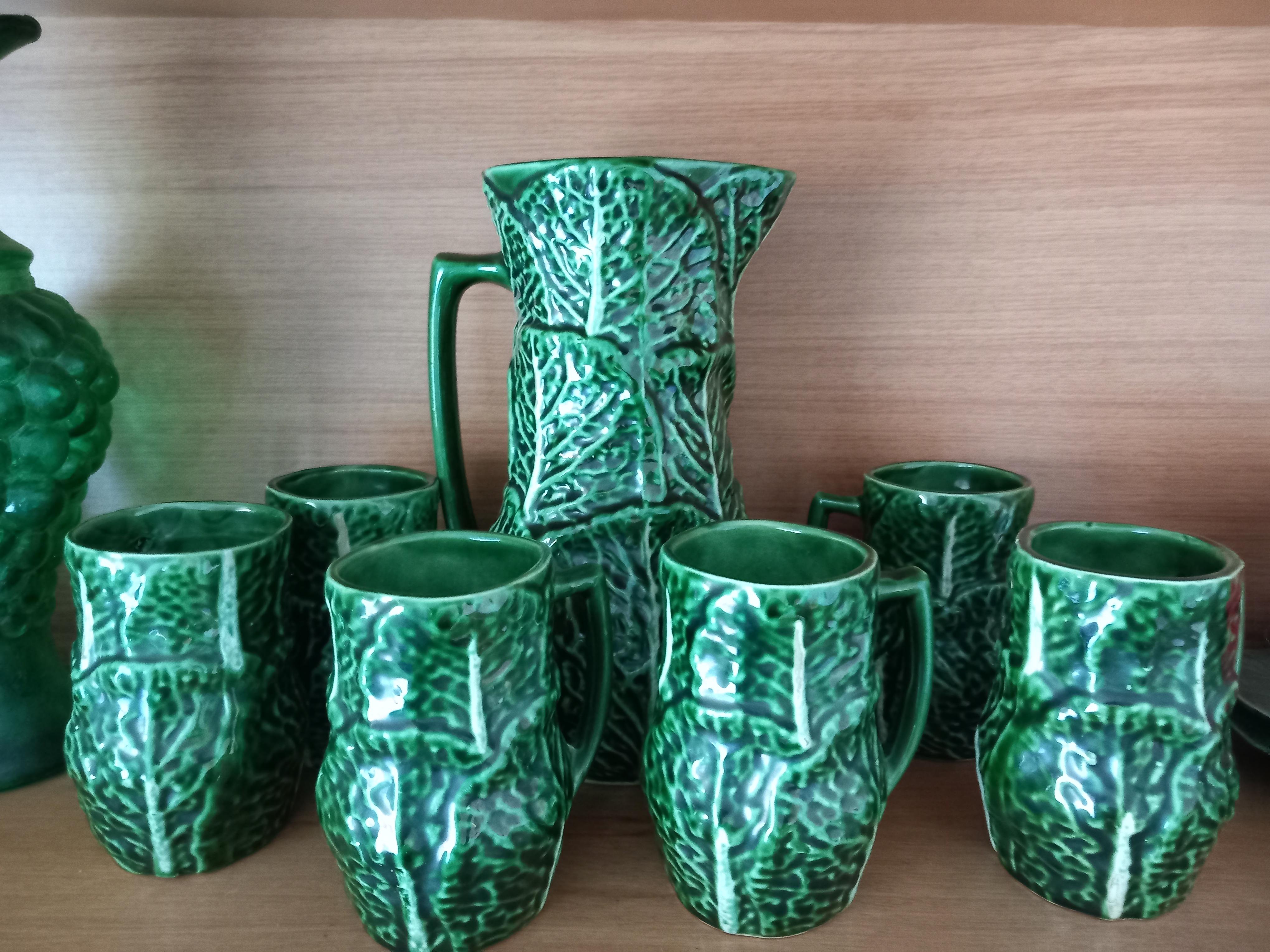 Set Majolica Ceramic Jug and 6 Mug Cups Shape of Cabbage(Price is for the set) For Sale 9