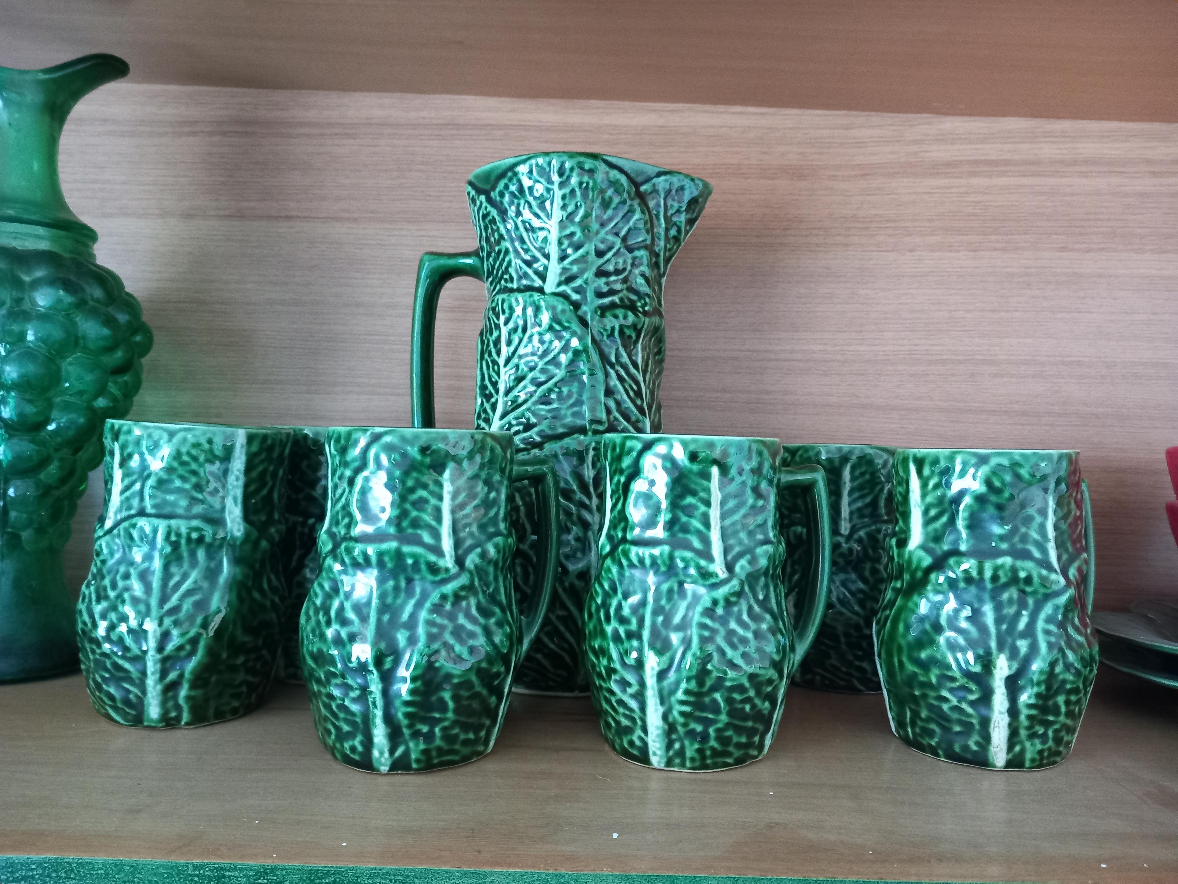 Set Majolica Ceramic Jug and 6 Mug Cups Shape of Cabbage(Price is for the set) For Sale 10