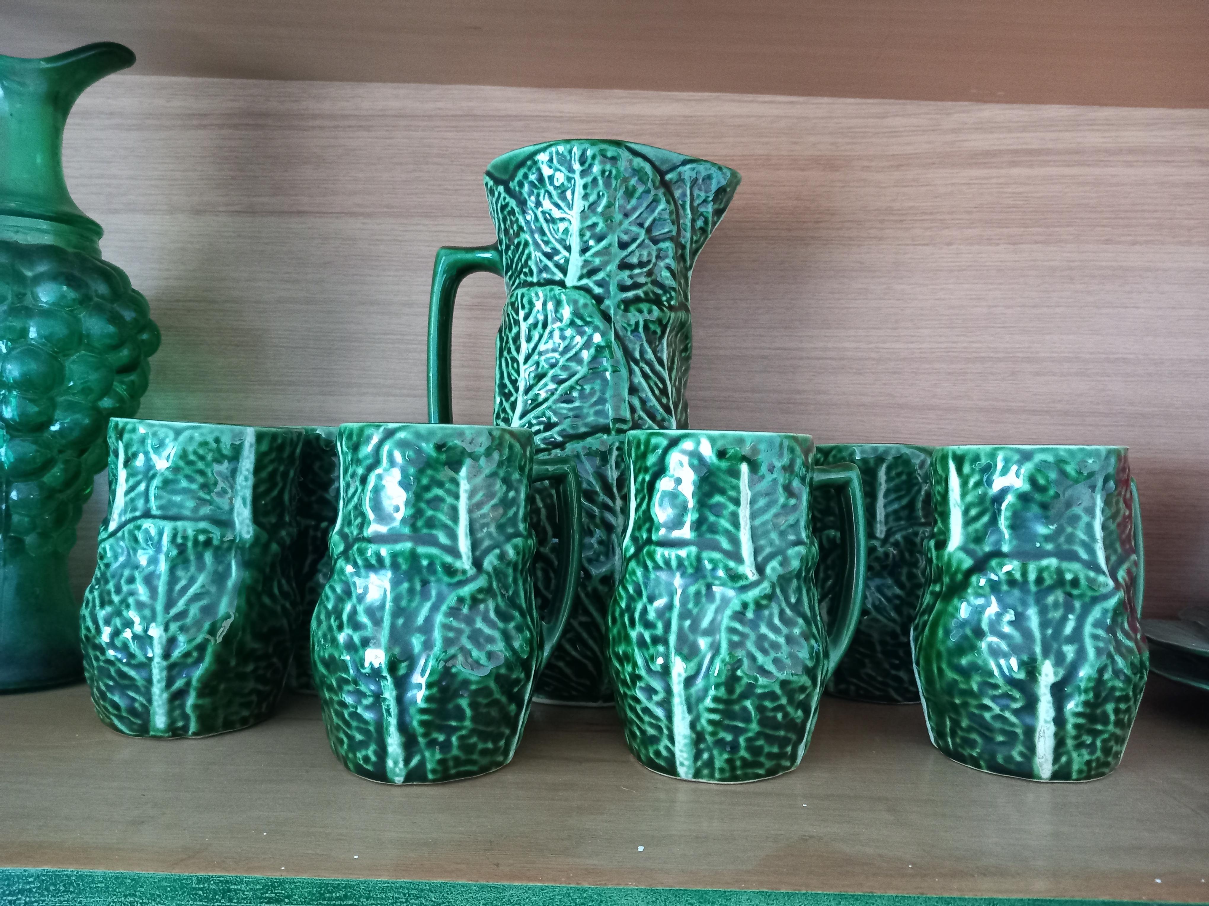Set Majolica Ceramic Jug and 6 Mug Cups Shape of Cabbage(Price is for the set) For Sale 11