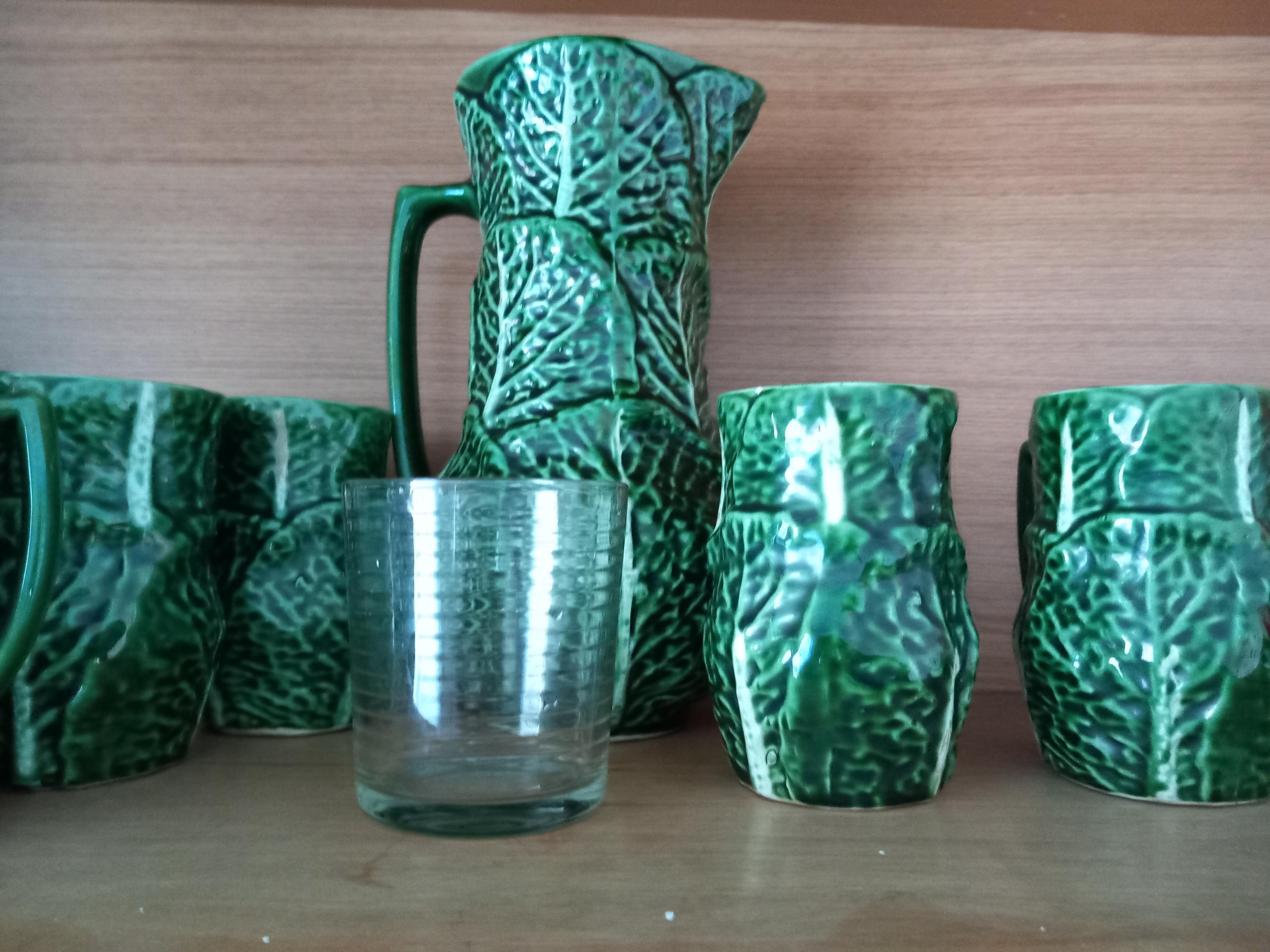 Other Set Majolica Ceramic Jug and 6 Mug Cups Shape of Cabbage(Price is for the set) For Sale