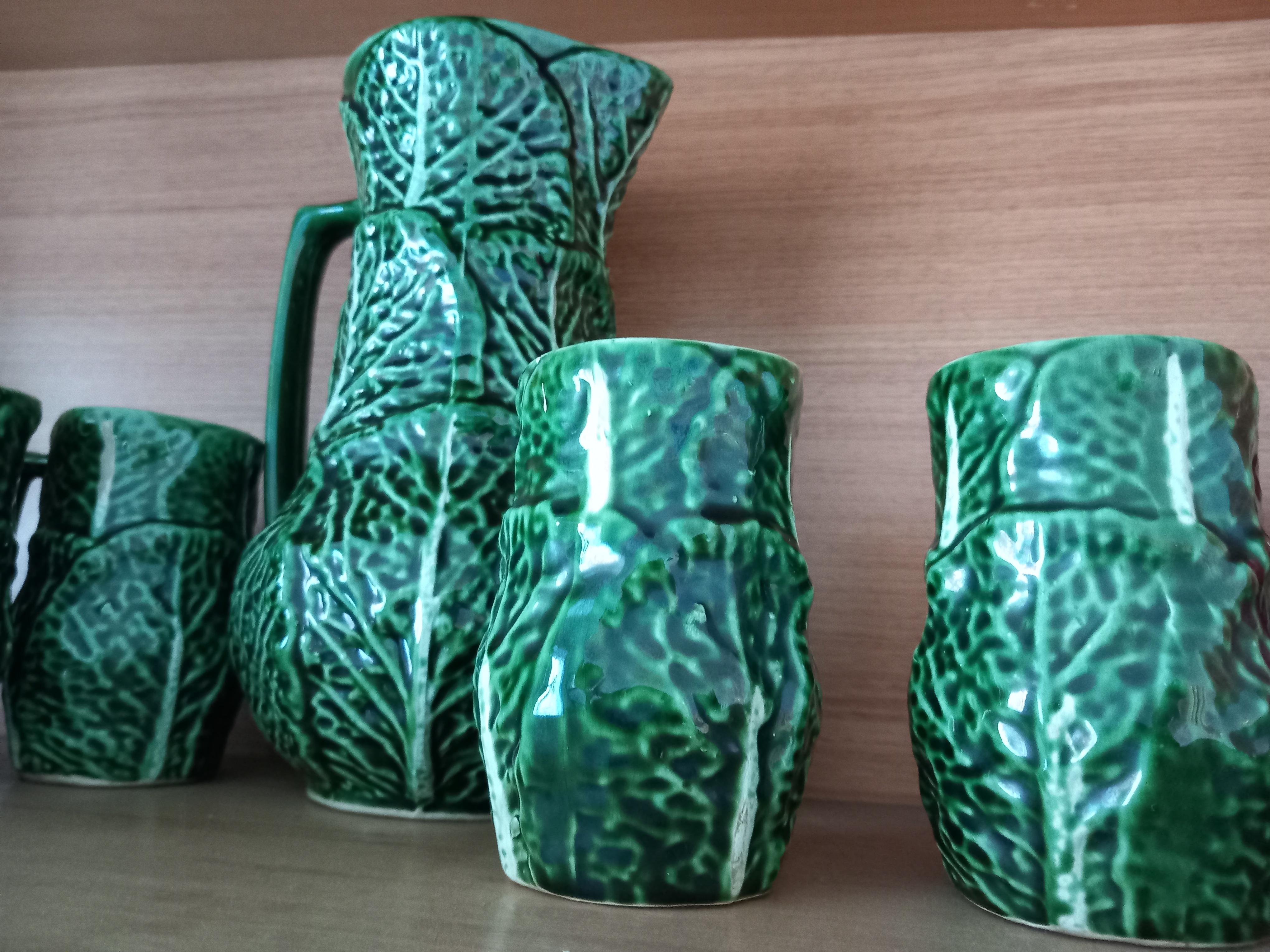 20th Century Set Majolica Ceramic Jug and 6 Mug Cups Shape of Cabbage(Price is for the set) For Sale