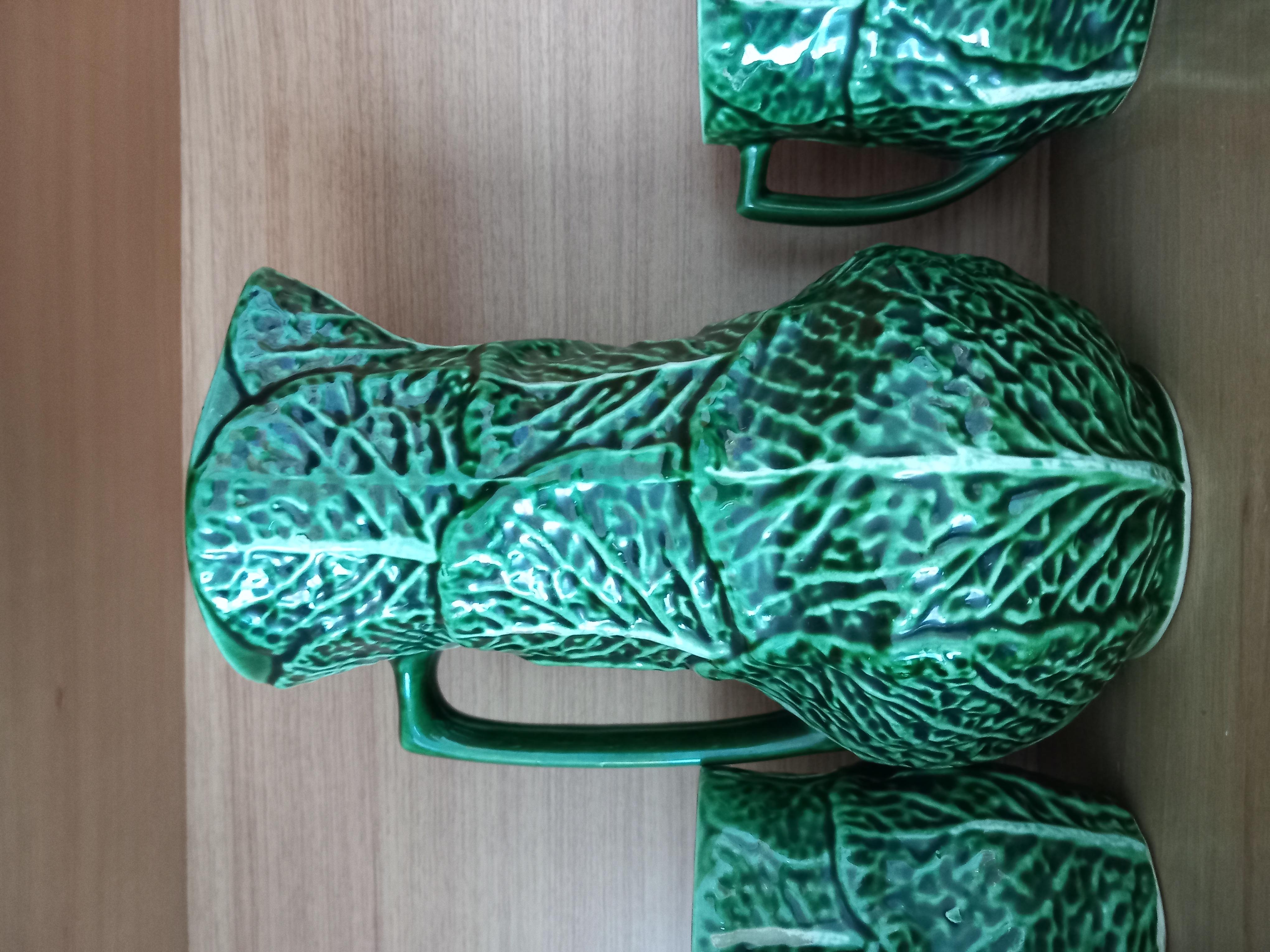 Set Majolica Ceramic Jug and 6 Mug Cups Shape of Cabbage(Price is for the set) For Sale 2