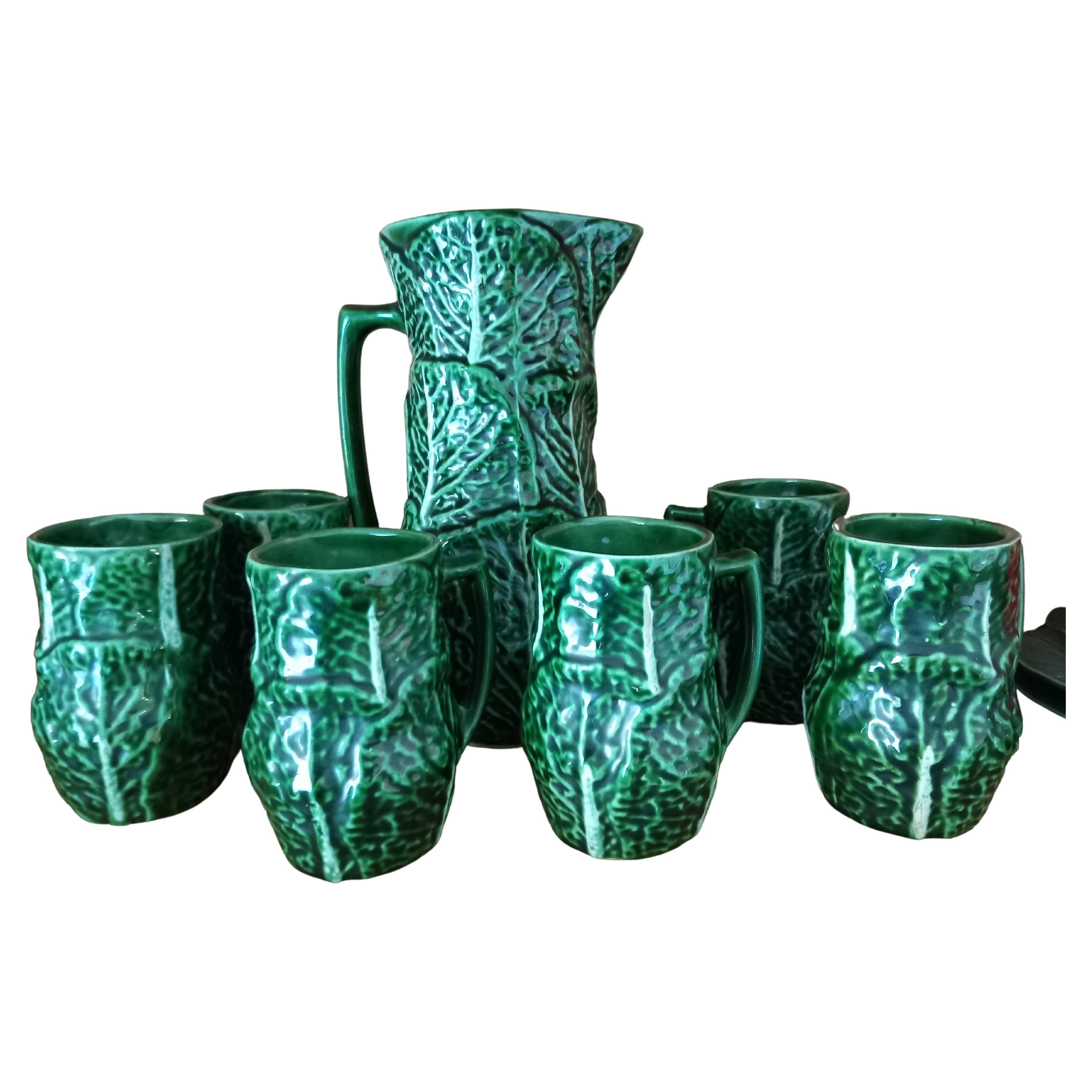 Set Majolica Ceramic Jug and 6 Mug Cups Shape of Cabbage(Price is for the set)