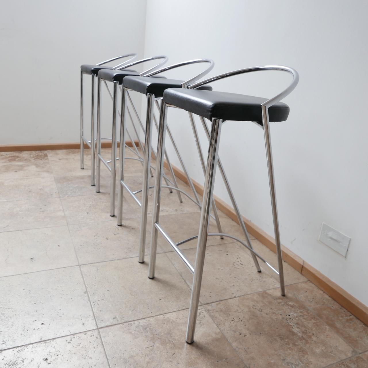 A set of stylish bar stools in the post modern manner. 

Sweden, c1990s. 

Chrome and leather. 

Cracking form and function. 

Good condition. Price is for the set of four. 

Location: London Gallery. 

Dimensions: 47 W x 52 D x 80 seat