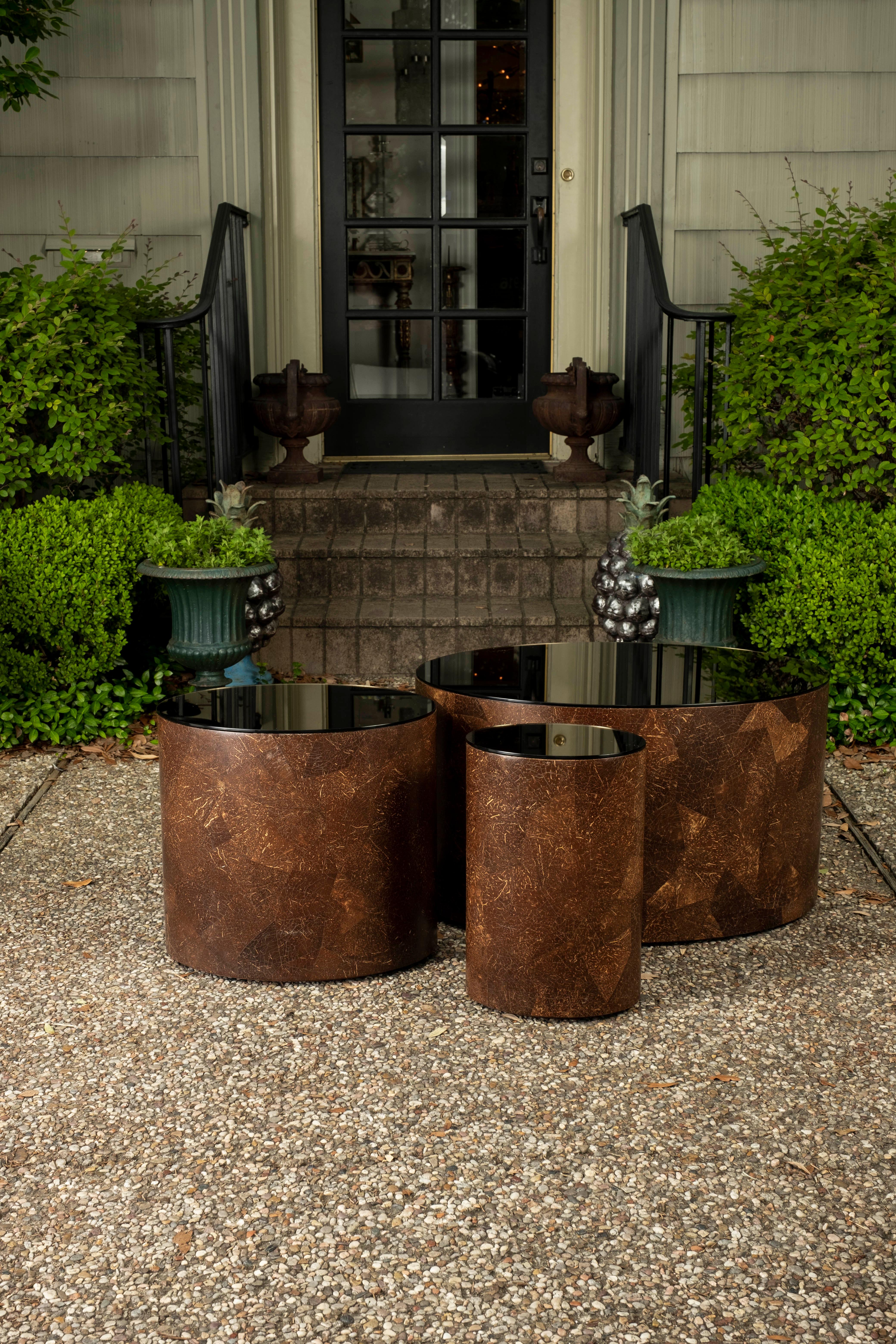 Hollywood Regency Set of Post Modern Coconut Shell Tables For Sale
