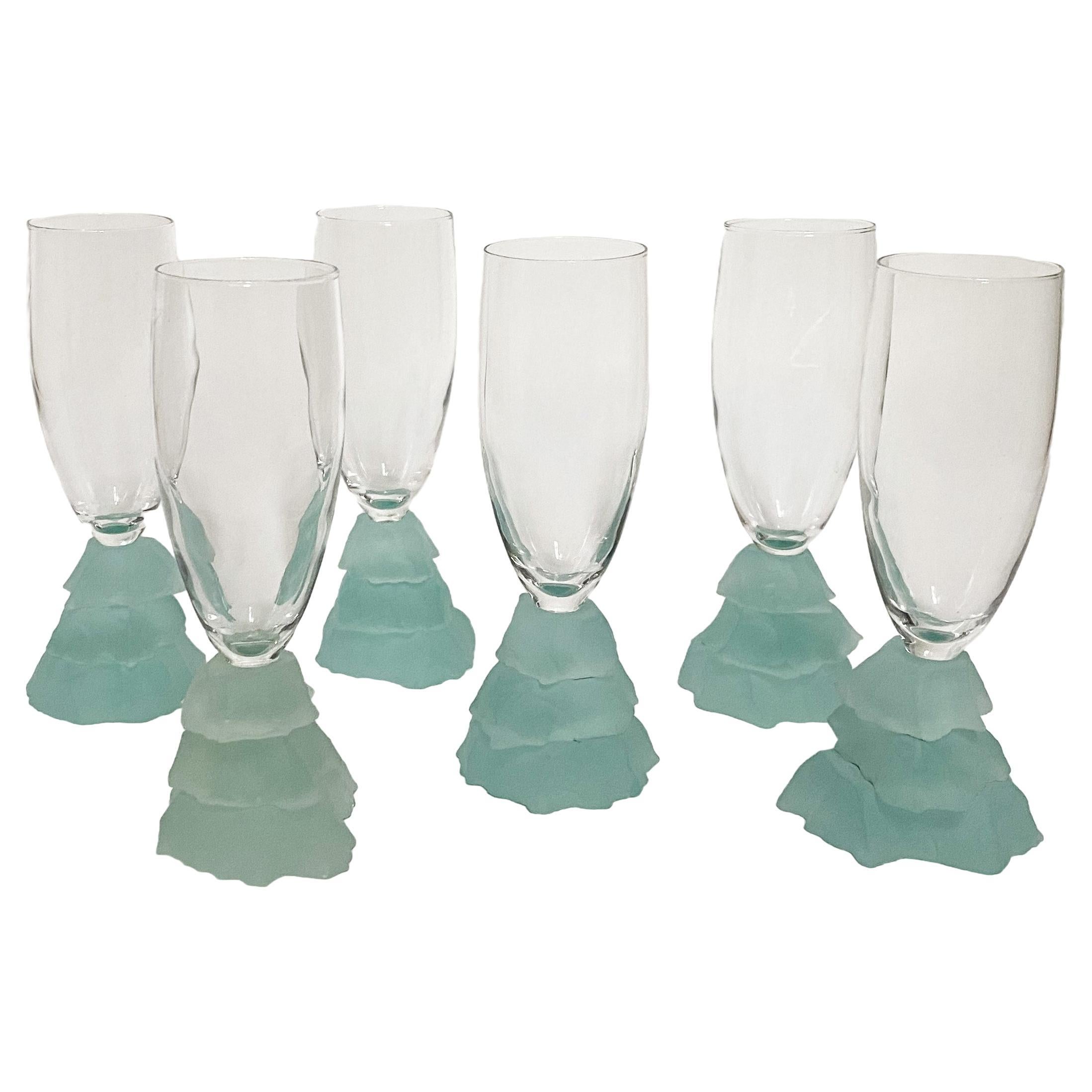 Set of Postmodern "Iceberg" Champagne Flutes Glasses in the Style of Daum, 1980s