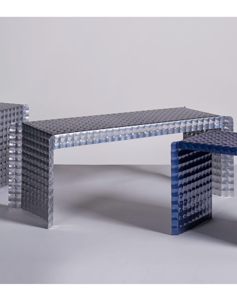 A set of pressure bench (silver/ chrome) & 2 stools (silver/ chrome & night blue) by Tim Teven
Pressure Series (2018 - Ongoing)
Dimensions: 90 x 30 x 39 cm (Bench)
37 x 30 x 39 cm (Stool)
Materials: Aluminium, powder coating

Also available: