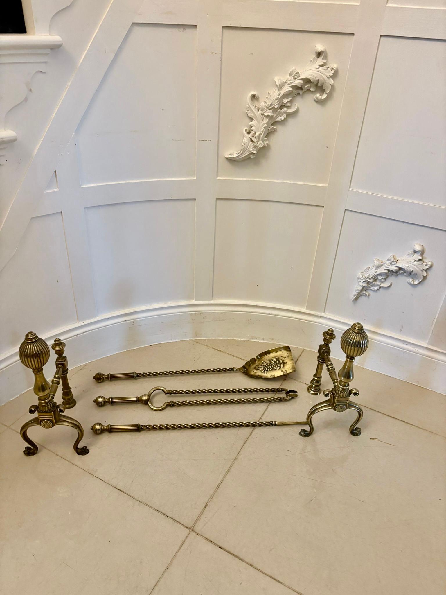 Set of Quality Antique Victorian Brass Fire Irons and Dogs For Sale 6
