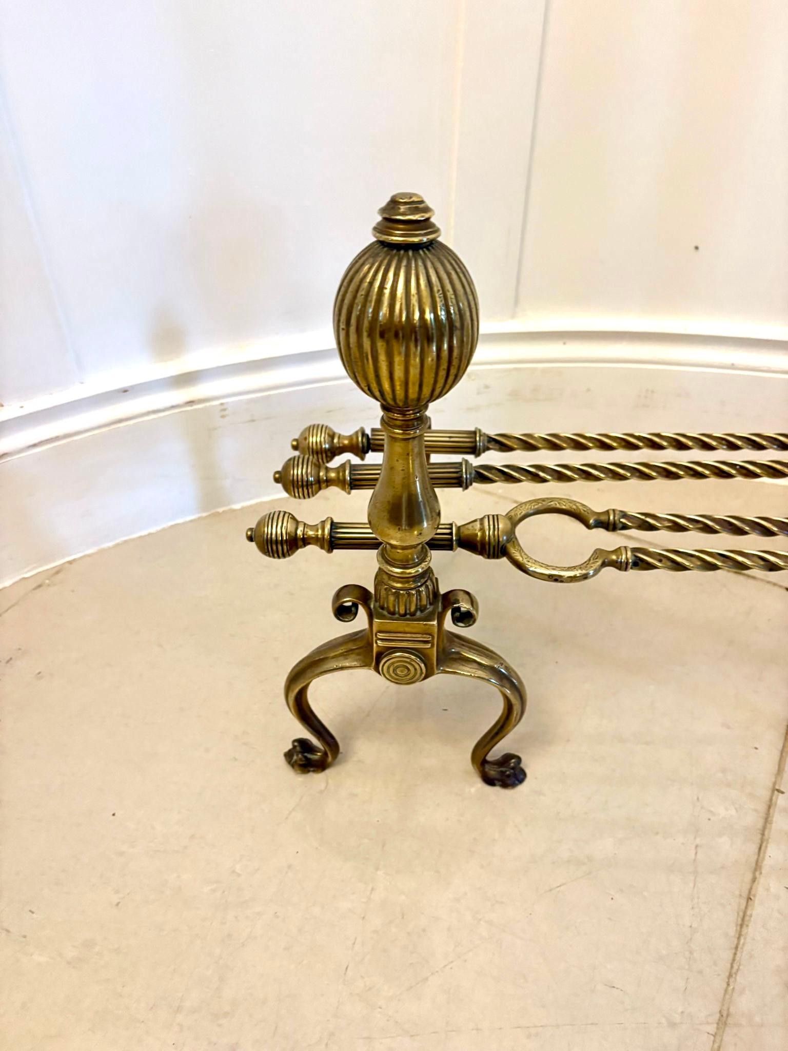 English Set of Quality Antique Victorian Brass Fire Irons and Dogs For Sale