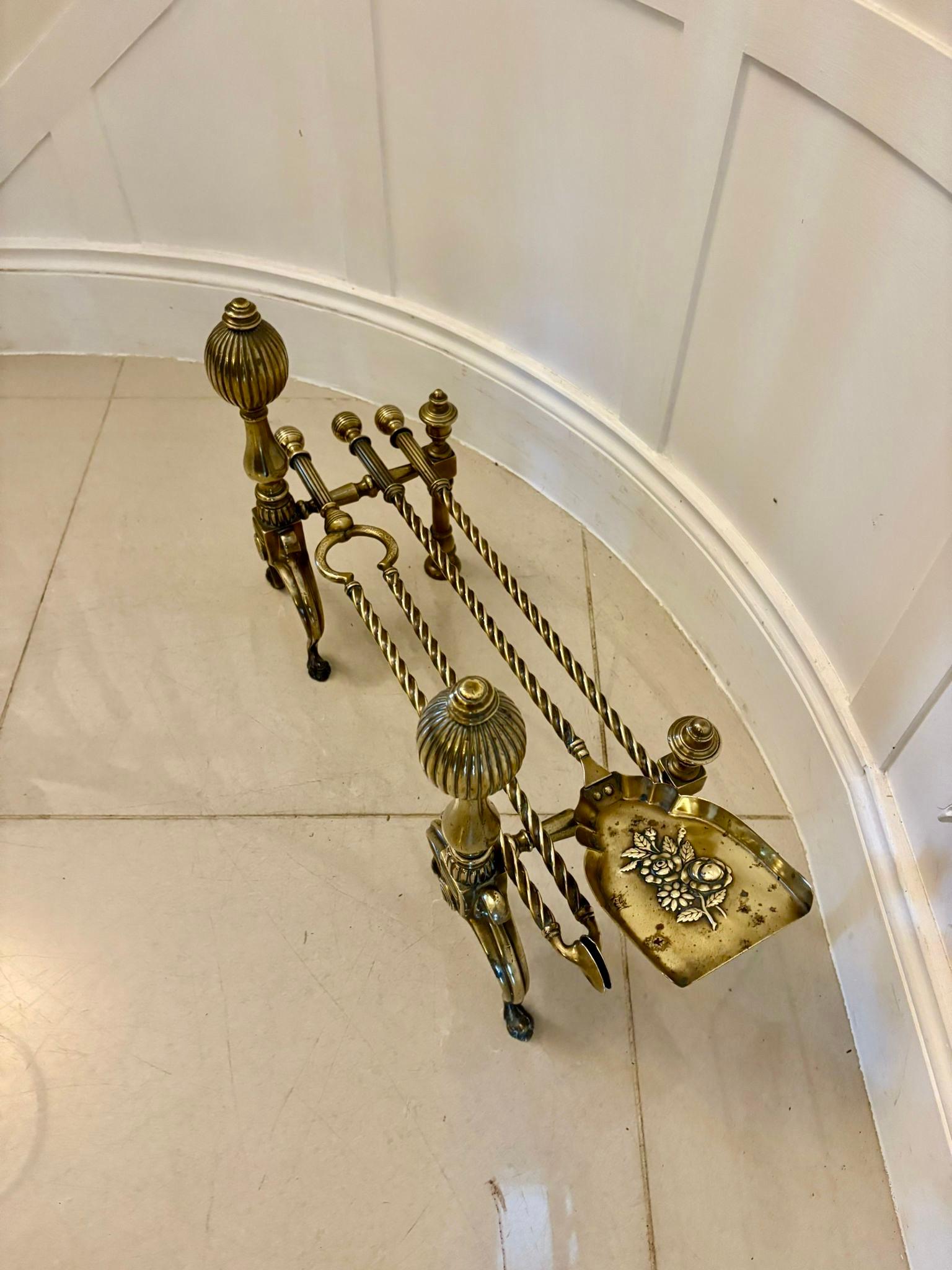 Set of Quality Antique Victorian Brass Fire Irons and Dogs In Good Condition For Sale In Suffolk, GB