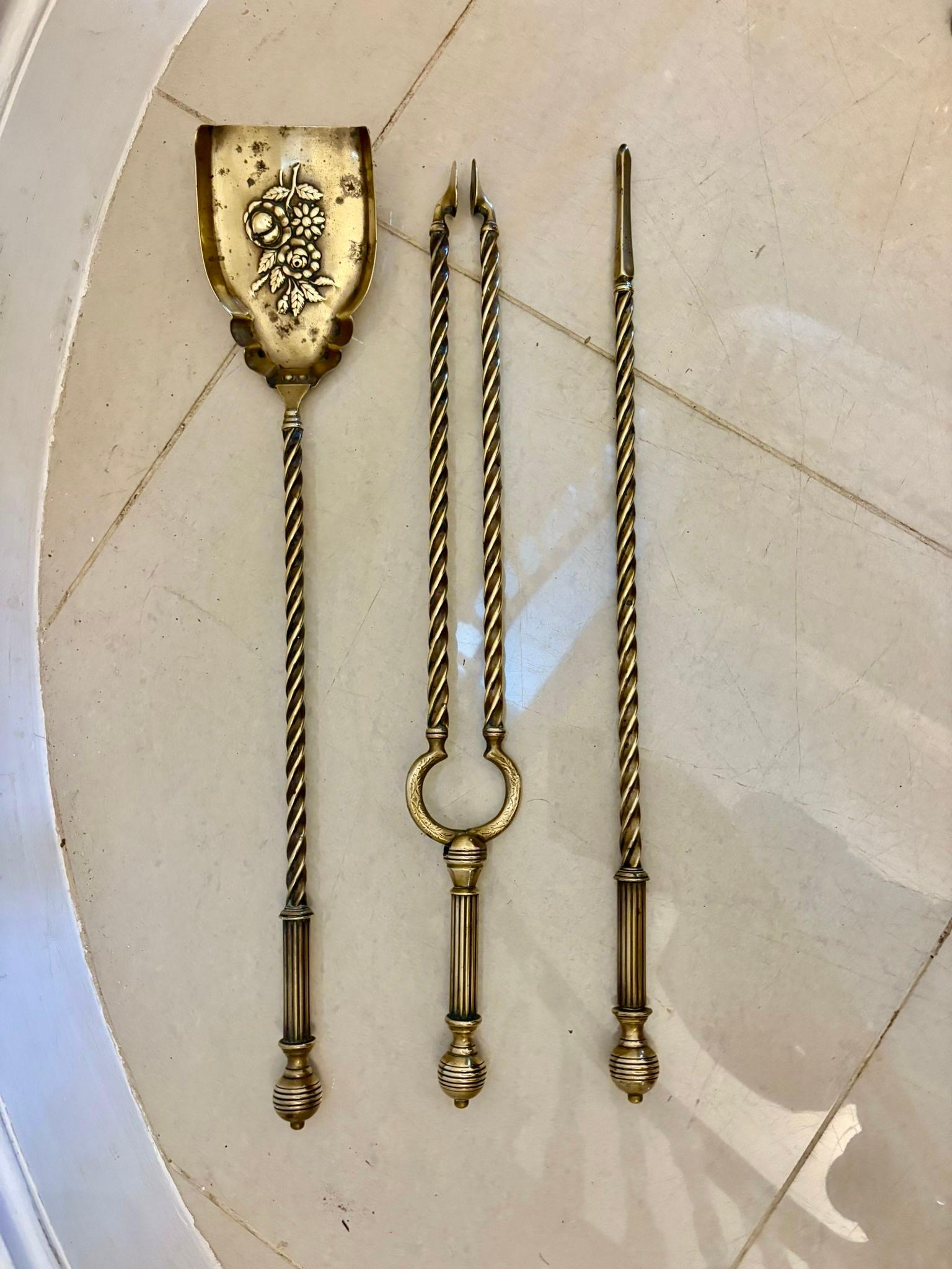 19th Century Set of Quality Antique Victorian Brass Fire Irons and Dogs For Sale
