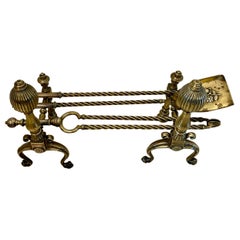 Set of Quality Antique Victorian Brass Fire Irons and Dogs