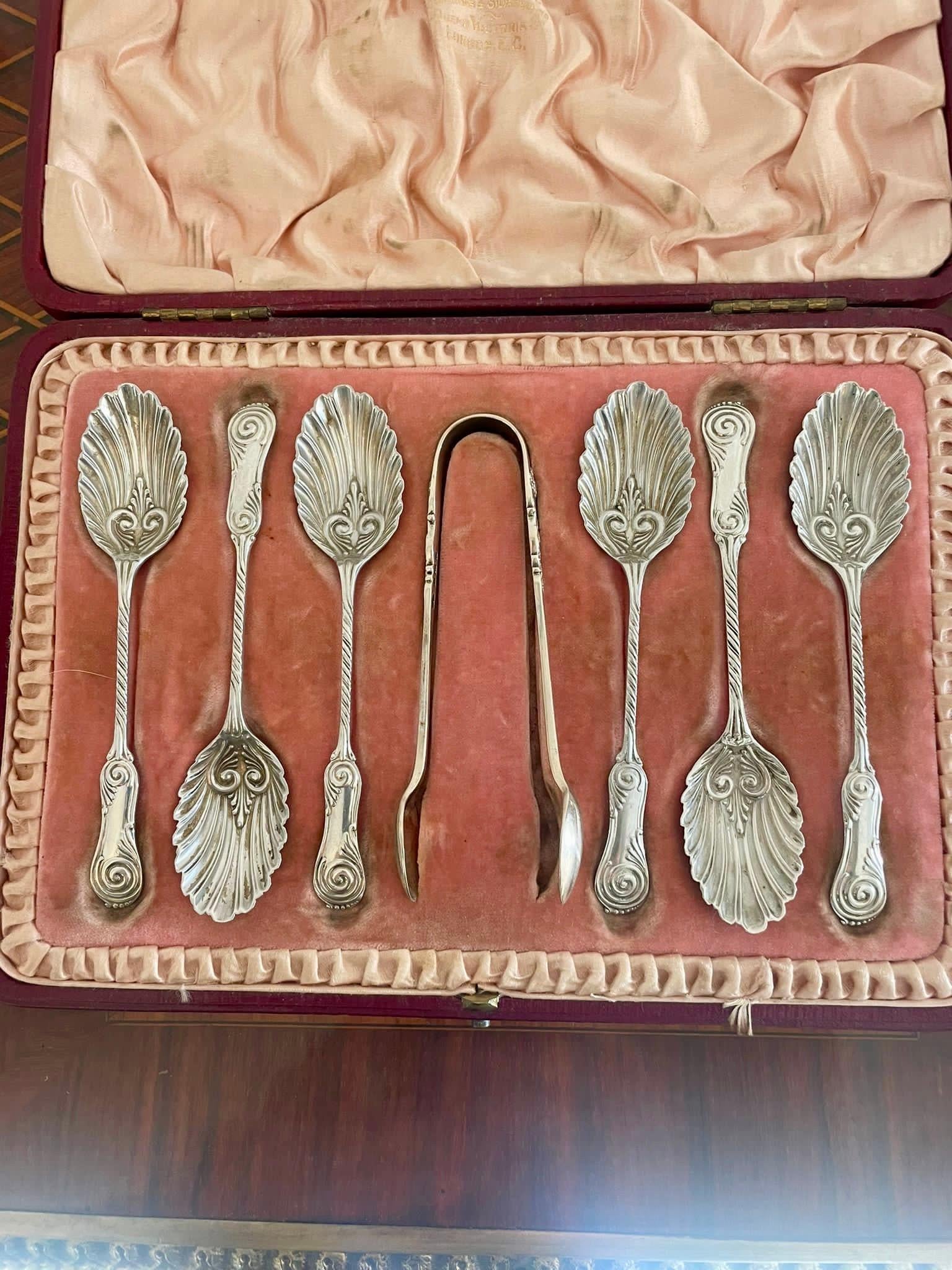 Set of Quality Antique Victorian Solid Silver Spoons and Sugar Tongs  For Sale 5