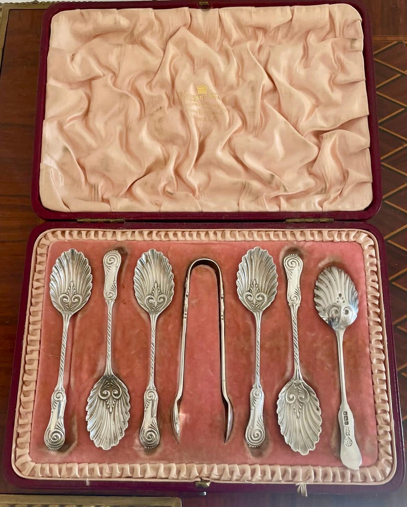 19th Century Set of Quality Antique Victorian Solid Silver Spoons and Sugar Tongs  For Sale