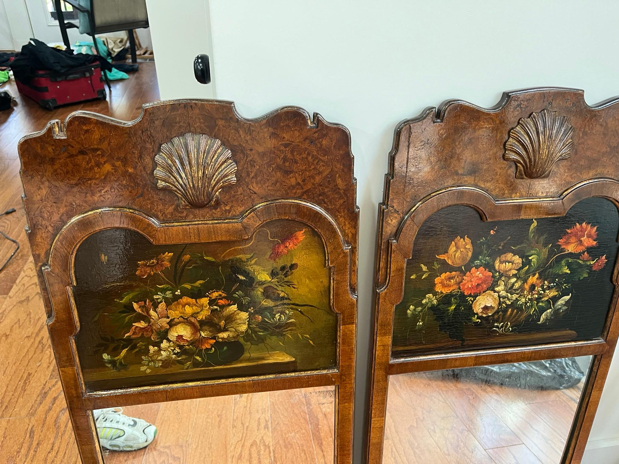 Set or Pair of Queen Anne Styled English Burl Walnut Trumeau Mirrors For Sale 1