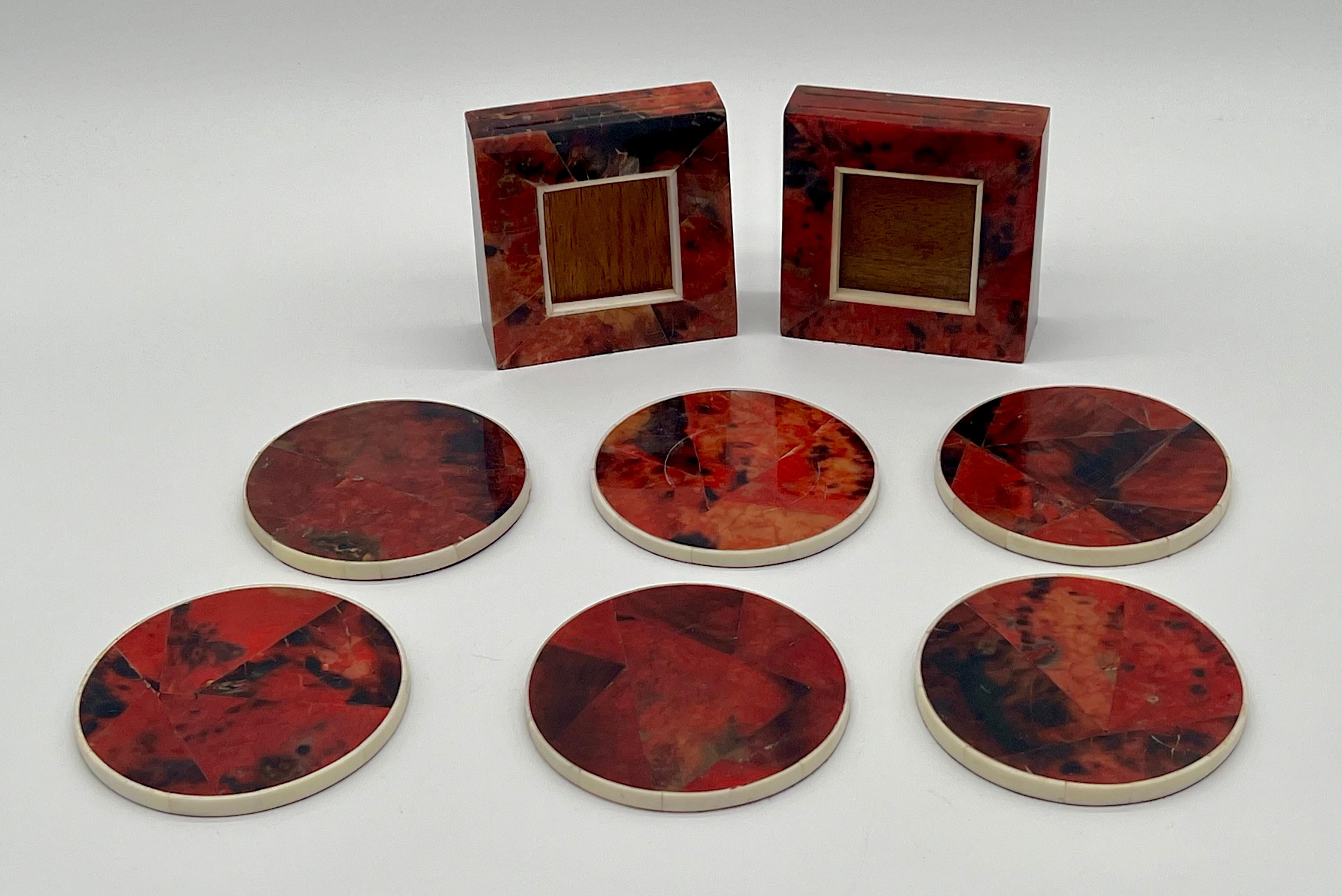 Set of R & Y Augousti Paris France decorative picture frames and coasters.  Red Agate style veneer. Picture frames are double sided and each measure approximately 3 3/8