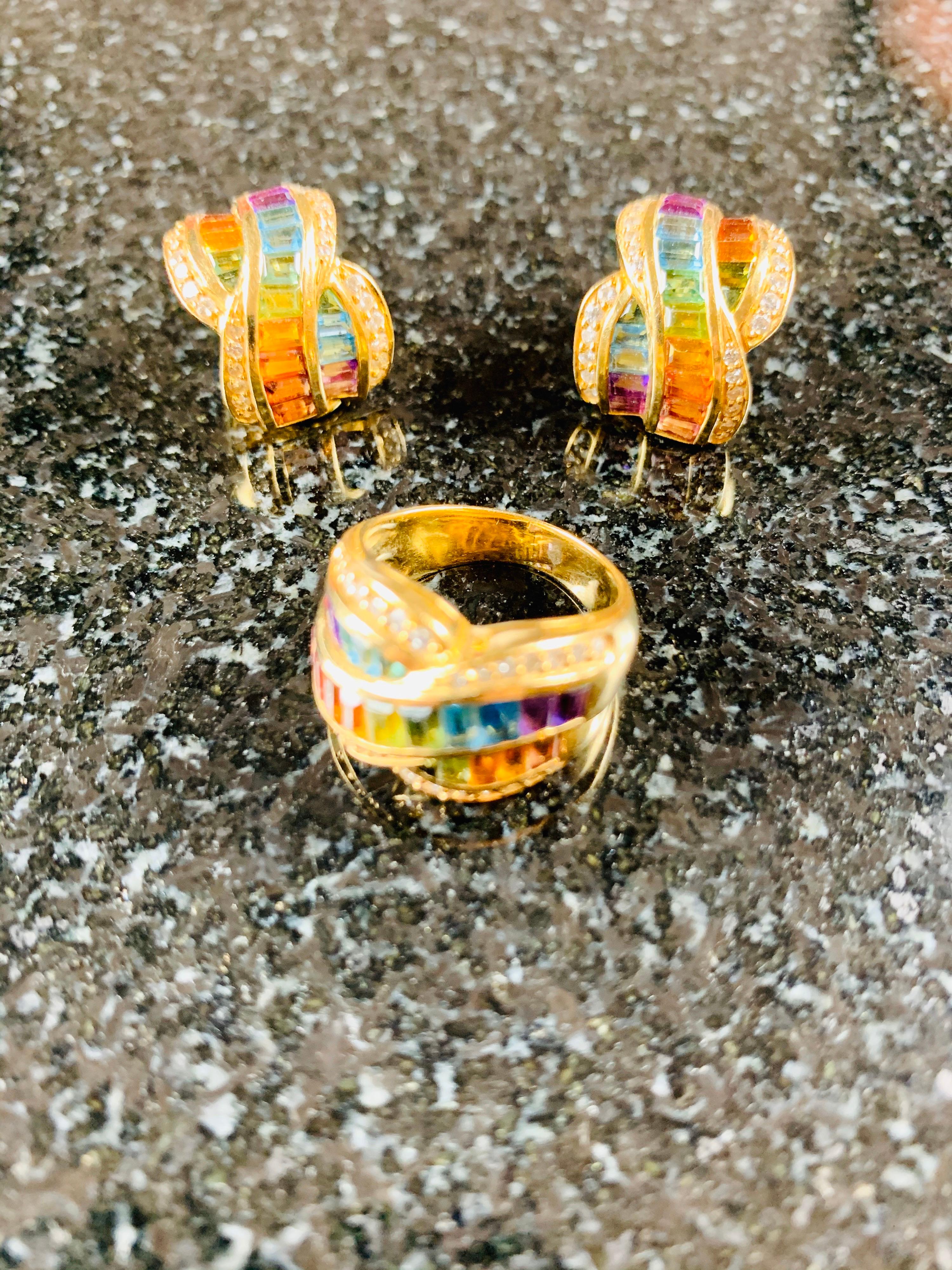 Set of Rainbow Colour Sapphires Ring and Earrings For Sale 3
