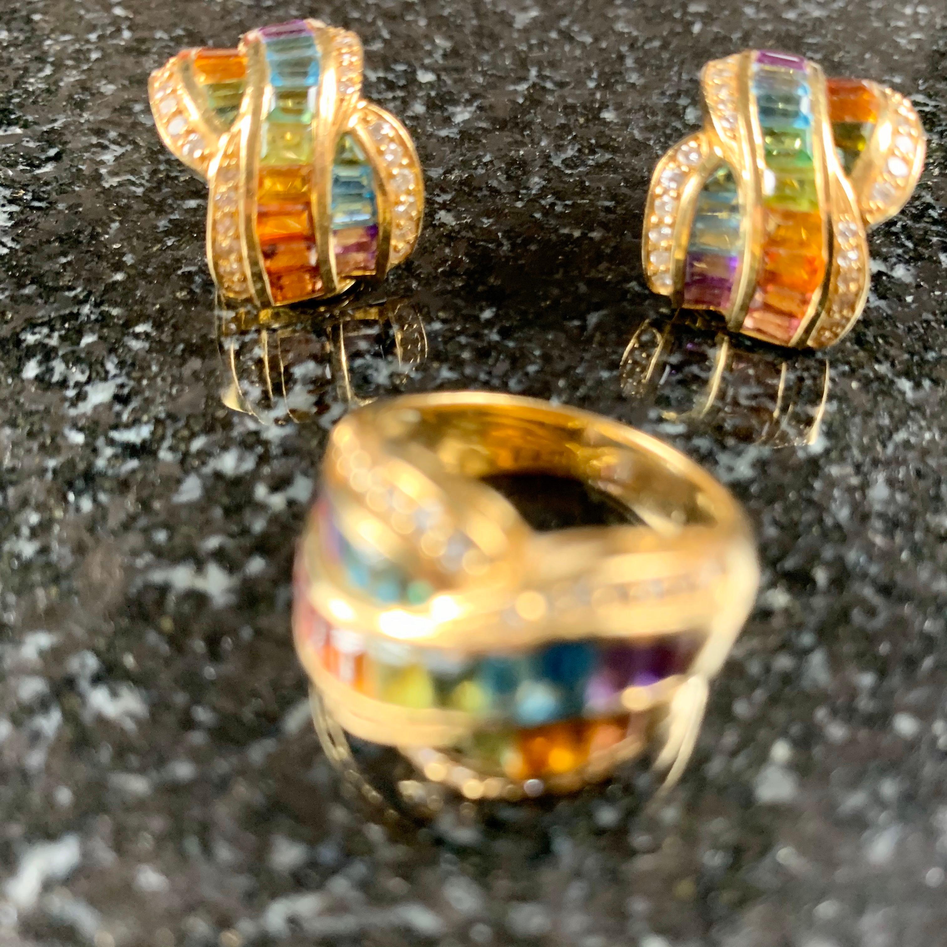 Set of Rainbow Colour Sapphires Ring and Earrings For Sale 4